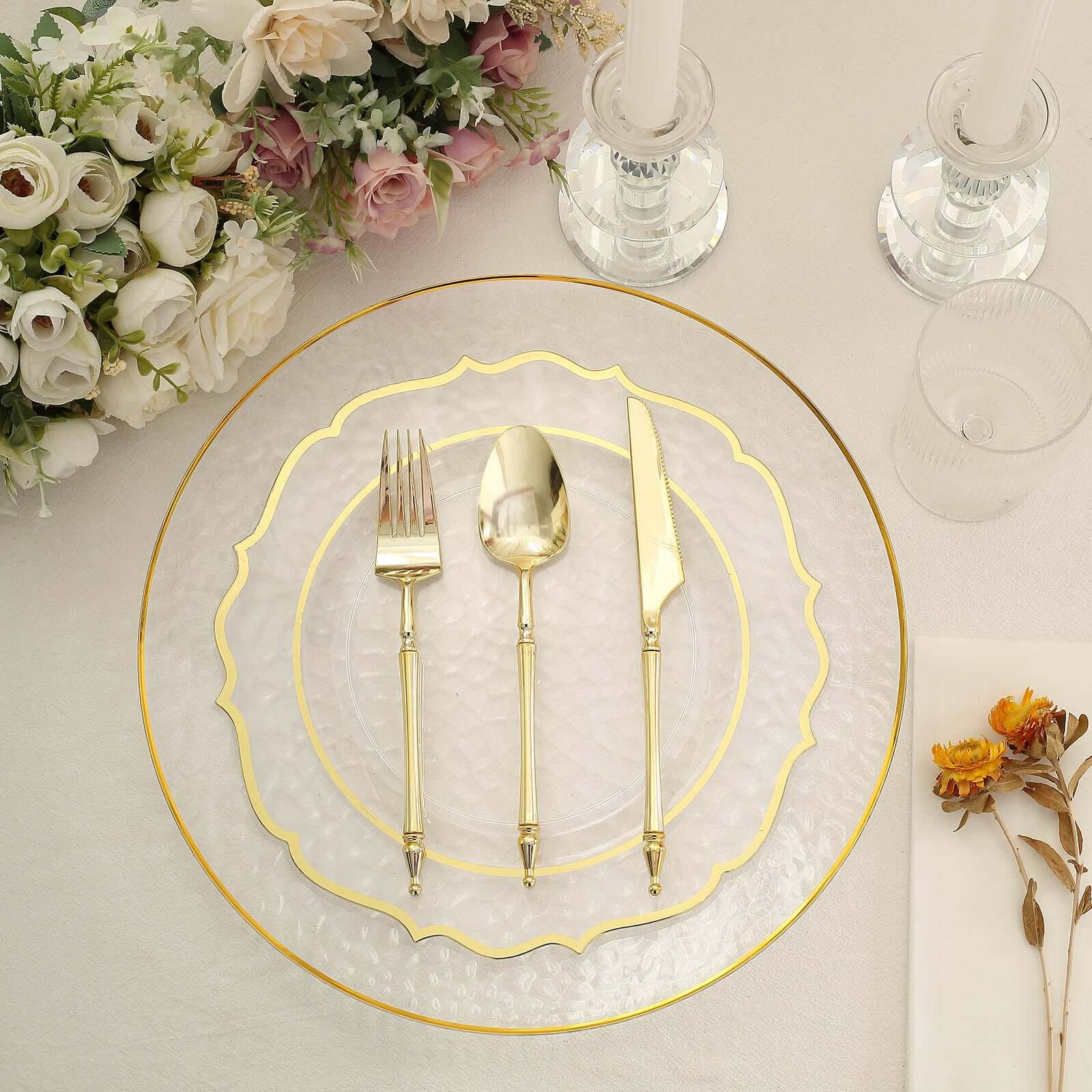 6-Pack Economy Plastic Charger Plates 13" Round Clear Hammered Design with Gold Rim - Decorative Dinner Party Serving Plates - Image 8
