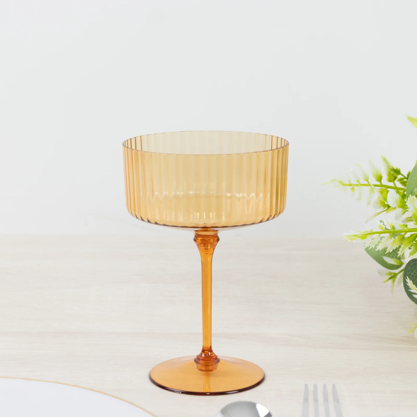 24-Pack Premium Disposable Cocktail Glasses – 10oz Amber Gold Ribbed Plastic Coupe Champagne Cups with Detachable Stem & Base – Party & Event Drinkware - Image 4