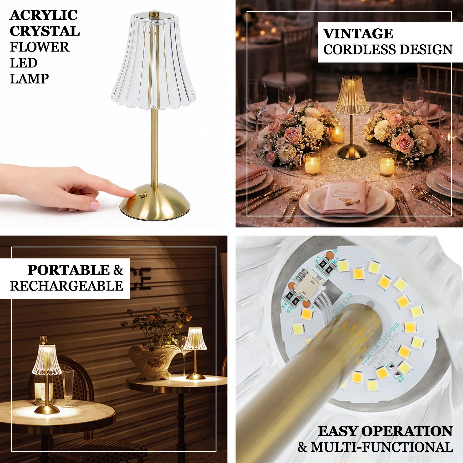 Gold Metal LED Table Lamp – 12" Modern Fluted Acrylic Shade, USB Rechargeable Cordless Touch Dimmable, 3 Color Modes - Image 4