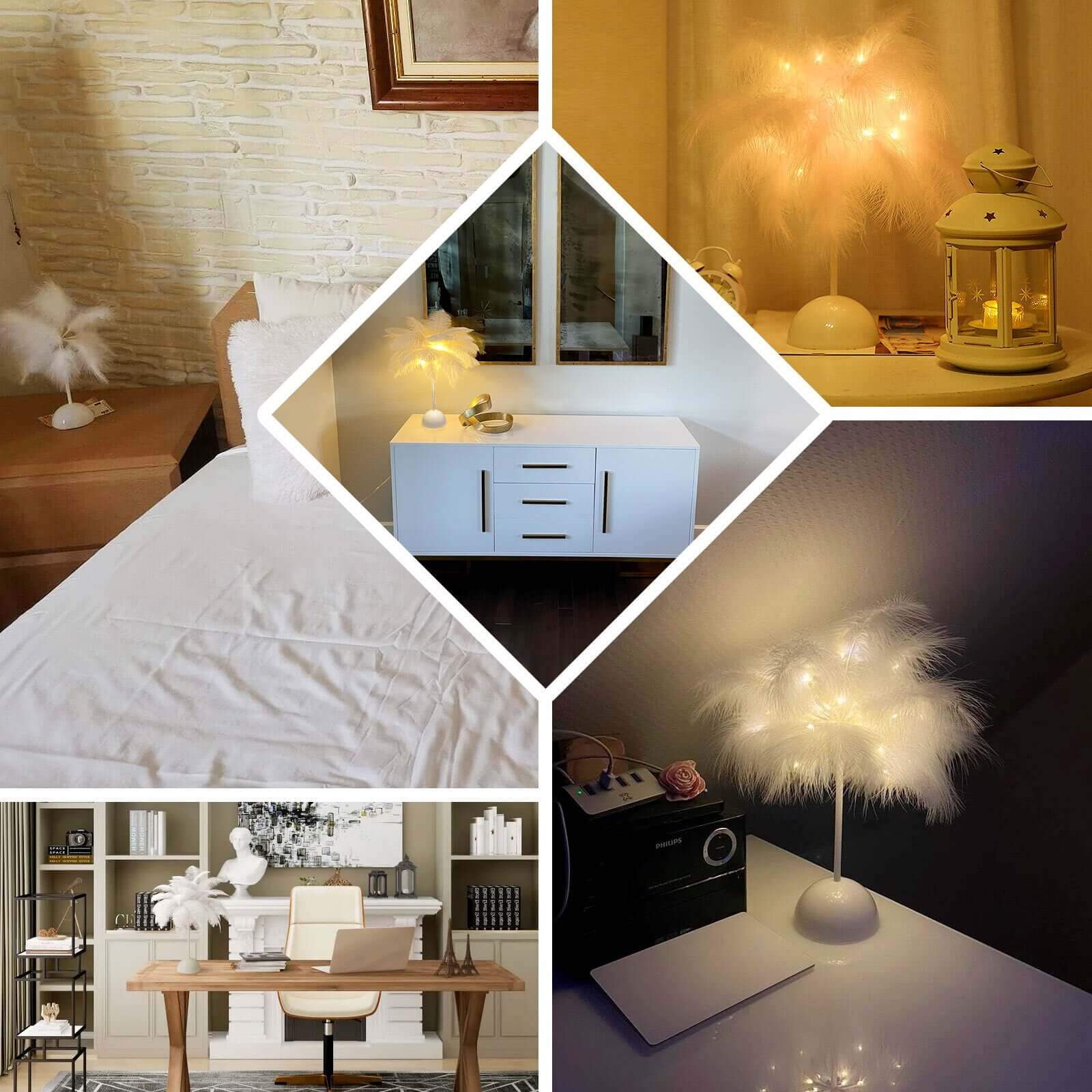 Cordless Table Lamp 15" LED Feather Design Cinnamon Rose - Battery Operated Desk Light - Image 5