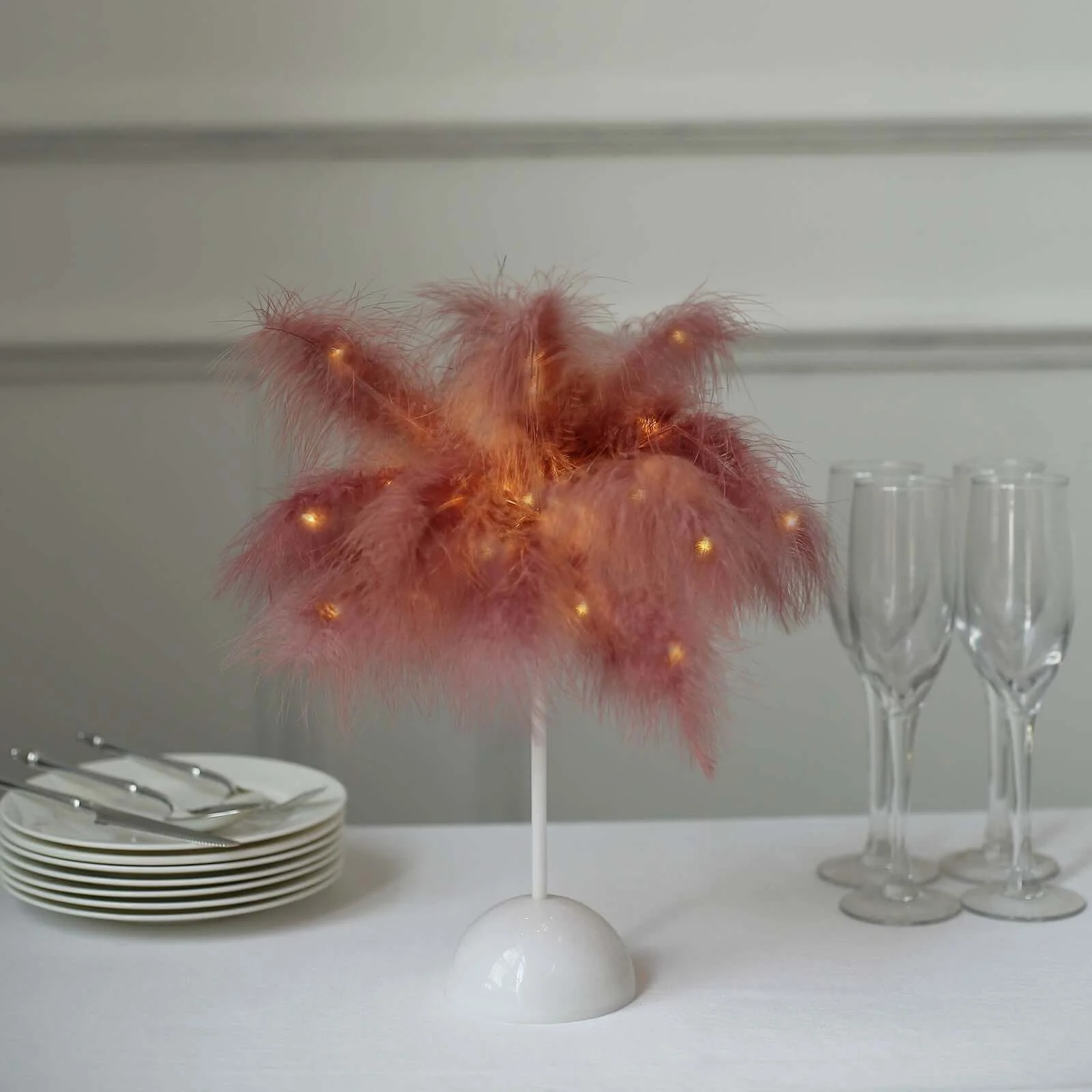 Cordless Table Lamp 15" LED Feather Design Cinnamon Rose - Battery Operated Desk Light - Image 9