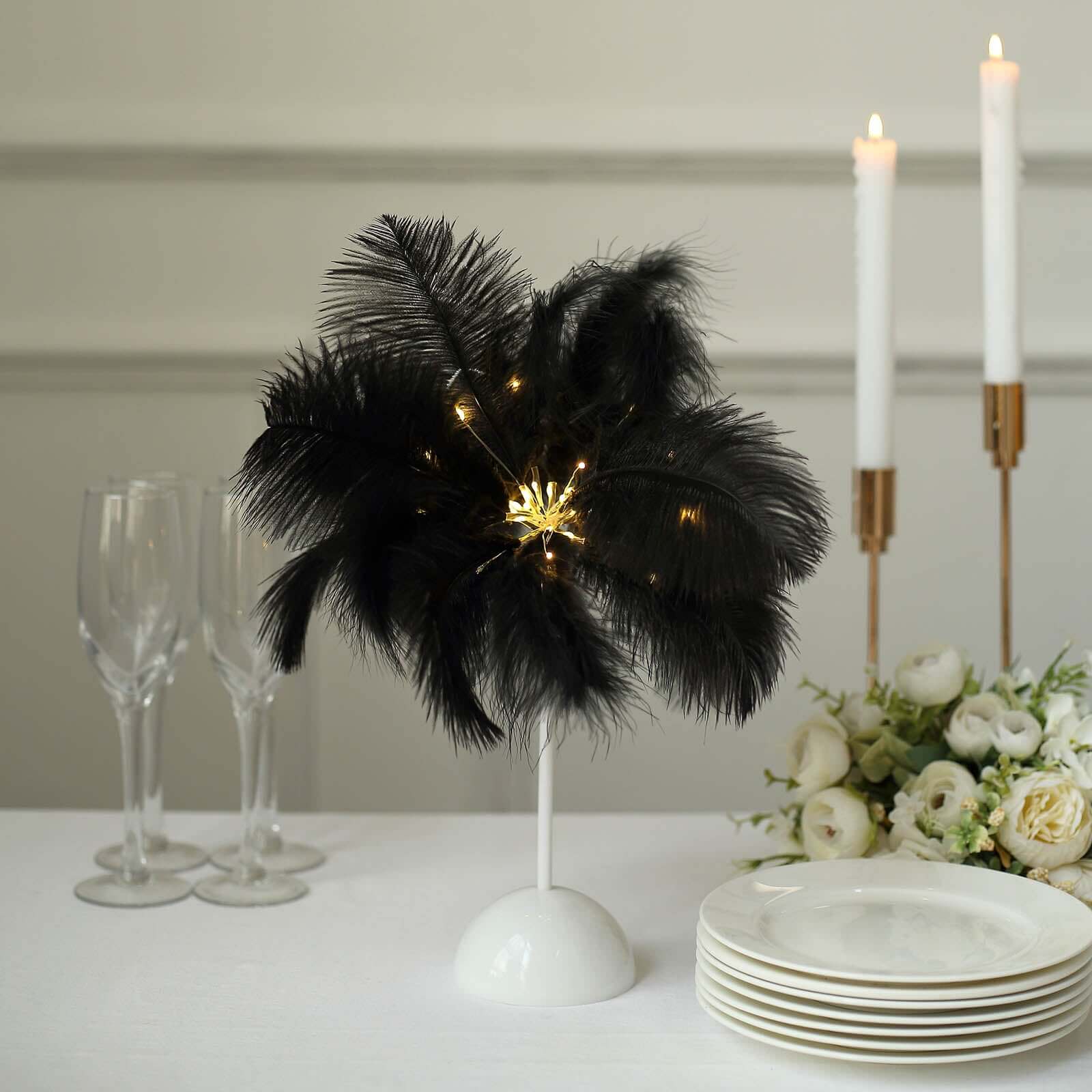 Cordless Table Lamp 15" LED Ostrich Feather Design Black - Battery Operated Wedding Desk Light - Image 8