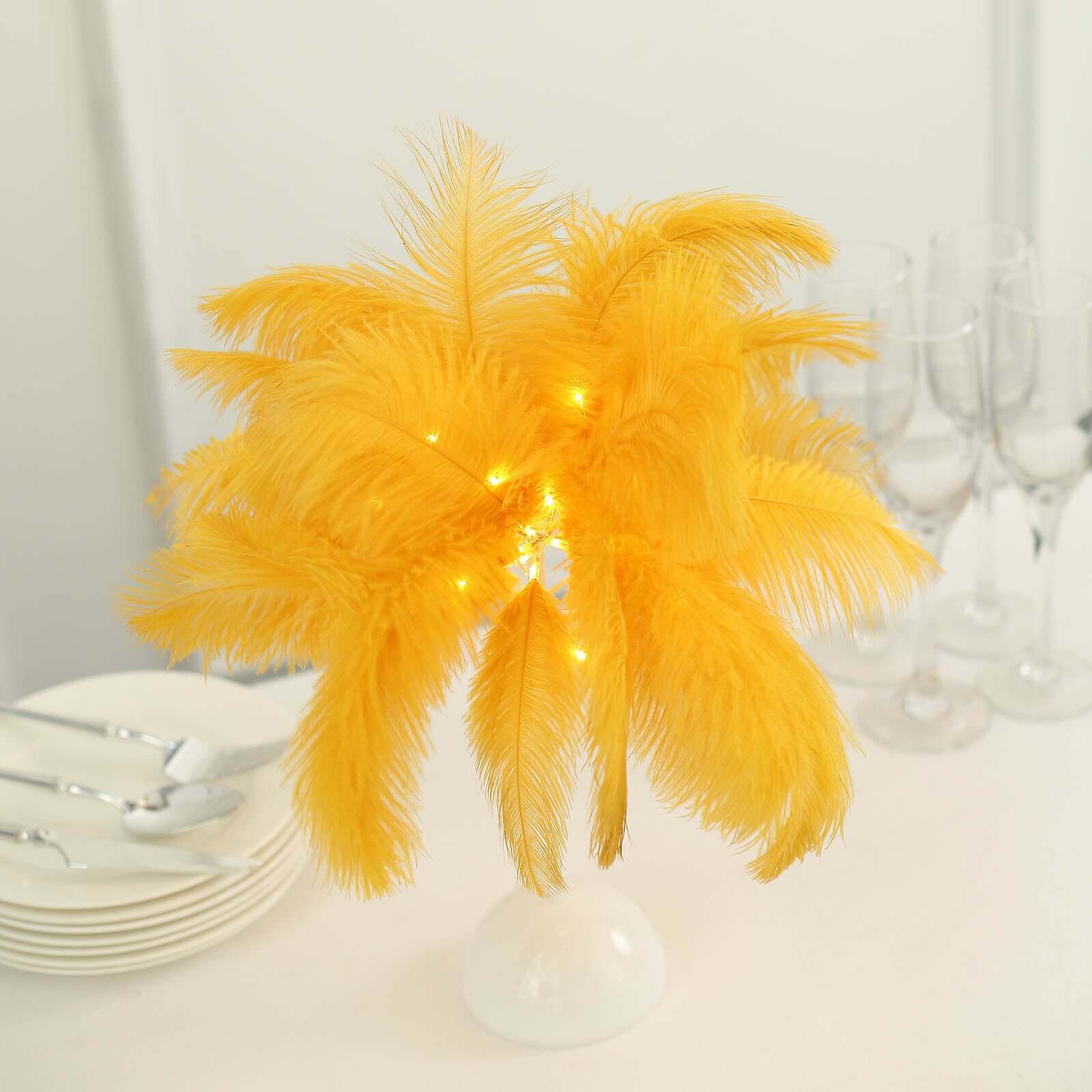 Cordless Table Lamp 15" LED Ostrich Feather Design Gold - Battery Operated Wedding Desk Light - Image 2
