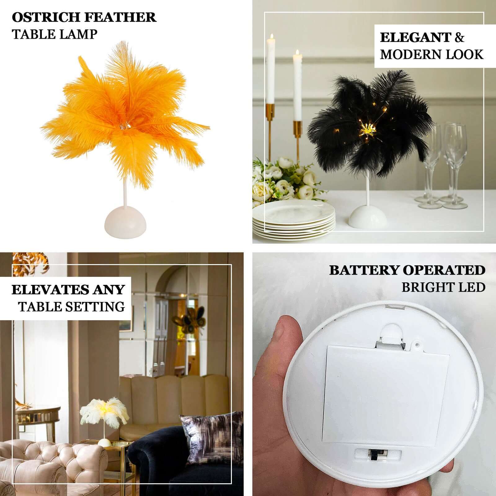 Cordless Table Lamp 15" LED Ostrich Feather Design Gold - Battery Operated Wedding Desk Light - Image 4