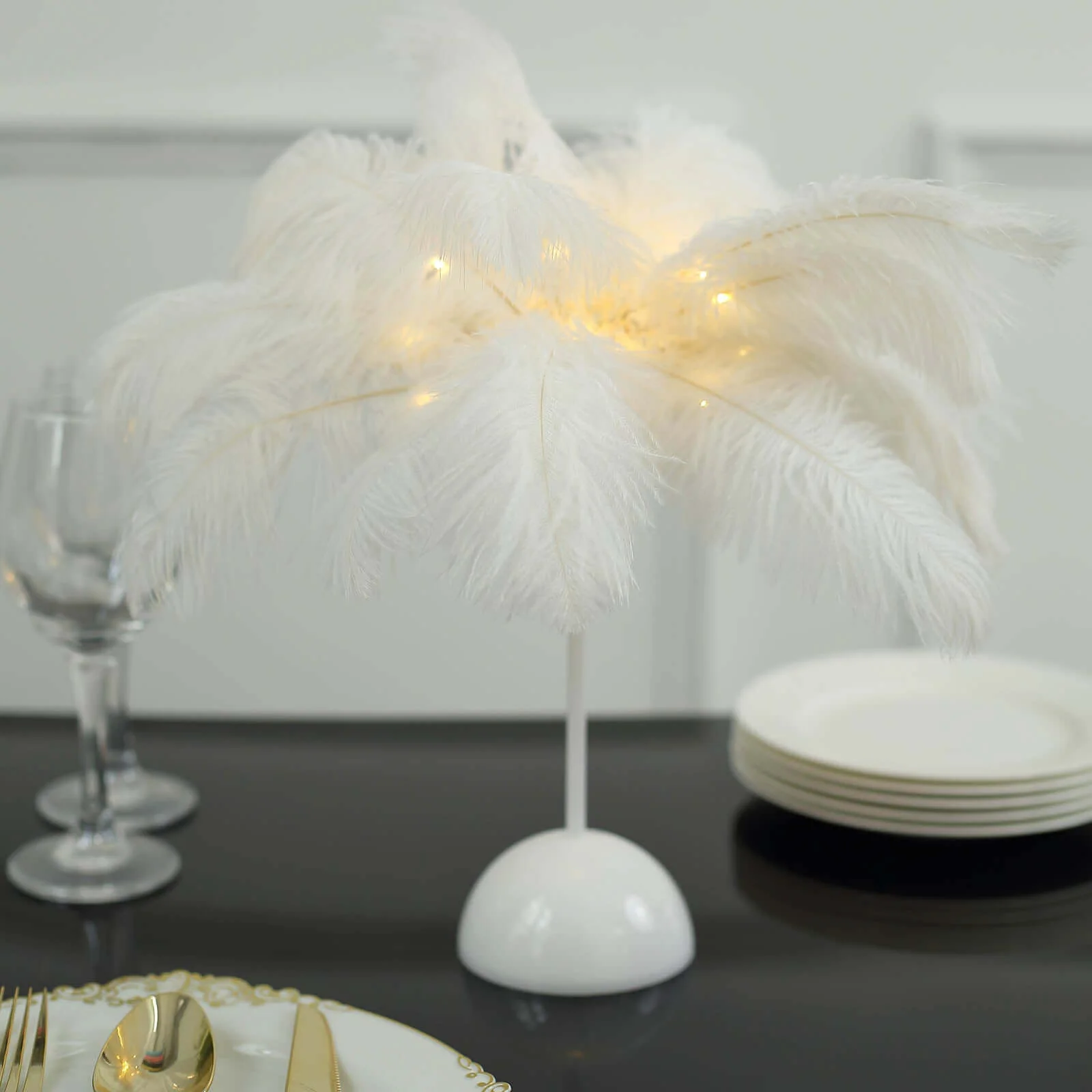 Cordless Table Lamp 15" LED Ostrich Feather Design White - Battery Operated Wedding Desk Light - Image 6