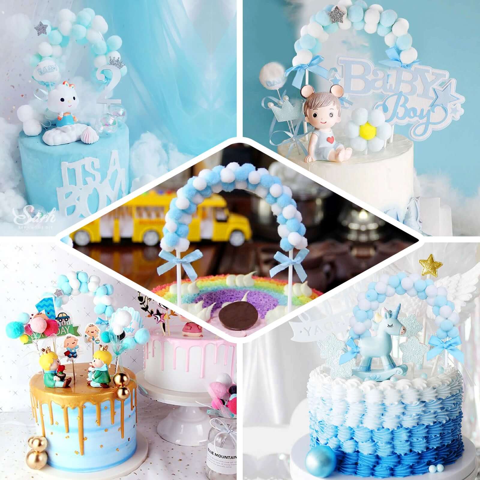 Cotton Ball Arch Cake Topper 6"x11" Blue/White - Versatile Mini Cake Decoration Supplies for Stylish & Fun Party Themes - Image 5