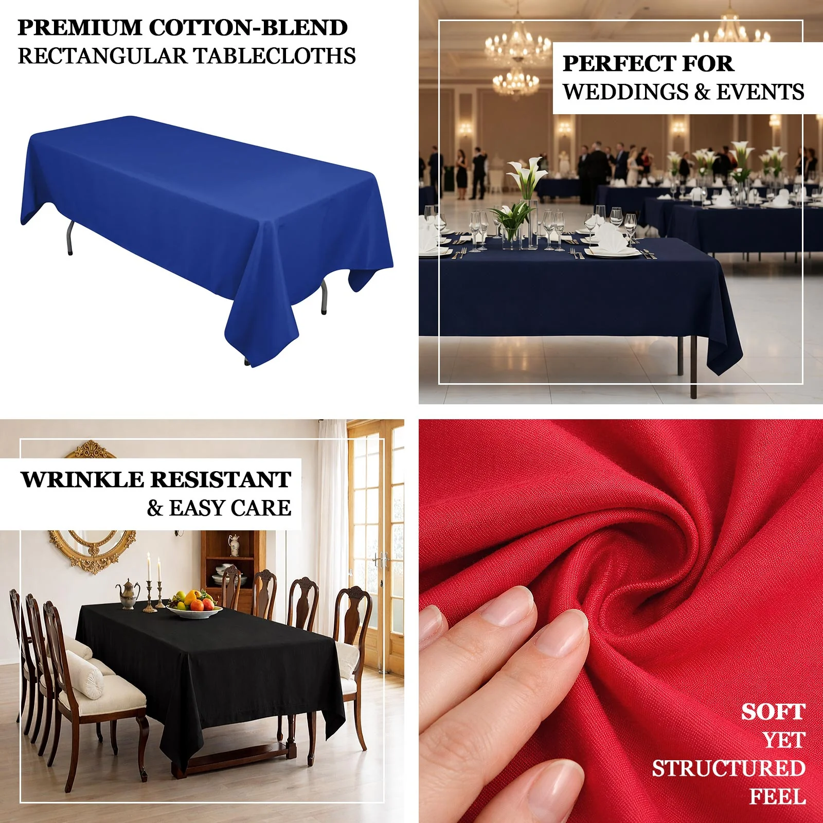 Cotton Blend Rectangle Tablecloth 60"x102" Royal Blue Wrinkle-Resistant Fabric - Stylish Table Cover - Image 4