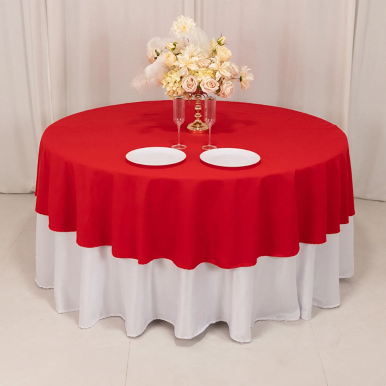 Cotton Blend Round Tablecloth 90" Red with Wrinkle-Resistant Fabric Table Cover - Image 2