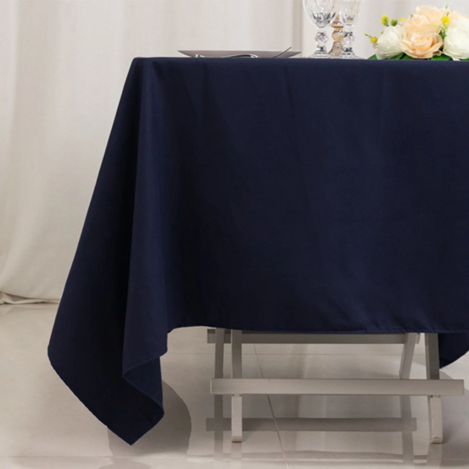 Cotton Blend Square Tablecloth 70"x70" Navy Blue with Wrinkle-Resistant Table Cover - Image 8