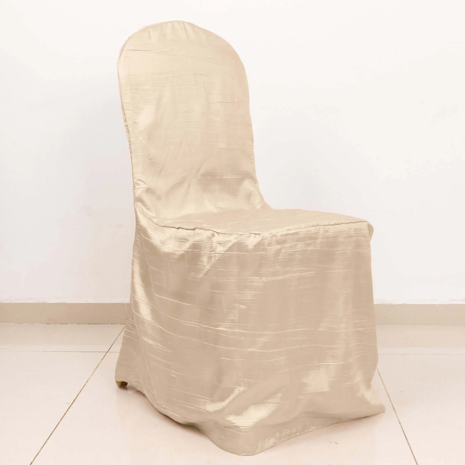 Crinkle Crushed Taffeta Banquet Chair Cover Beige - Reusable Slipcover - Image 2