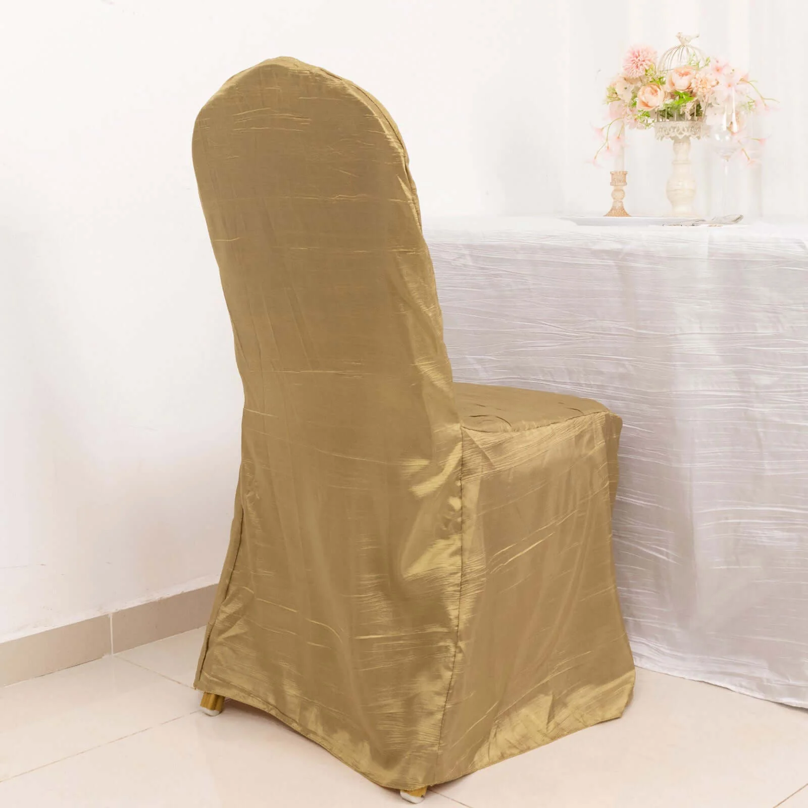 Crinkle Crushed Taffeta Banquet Chair Cover Gold - Reusable Slipcover - Image 10