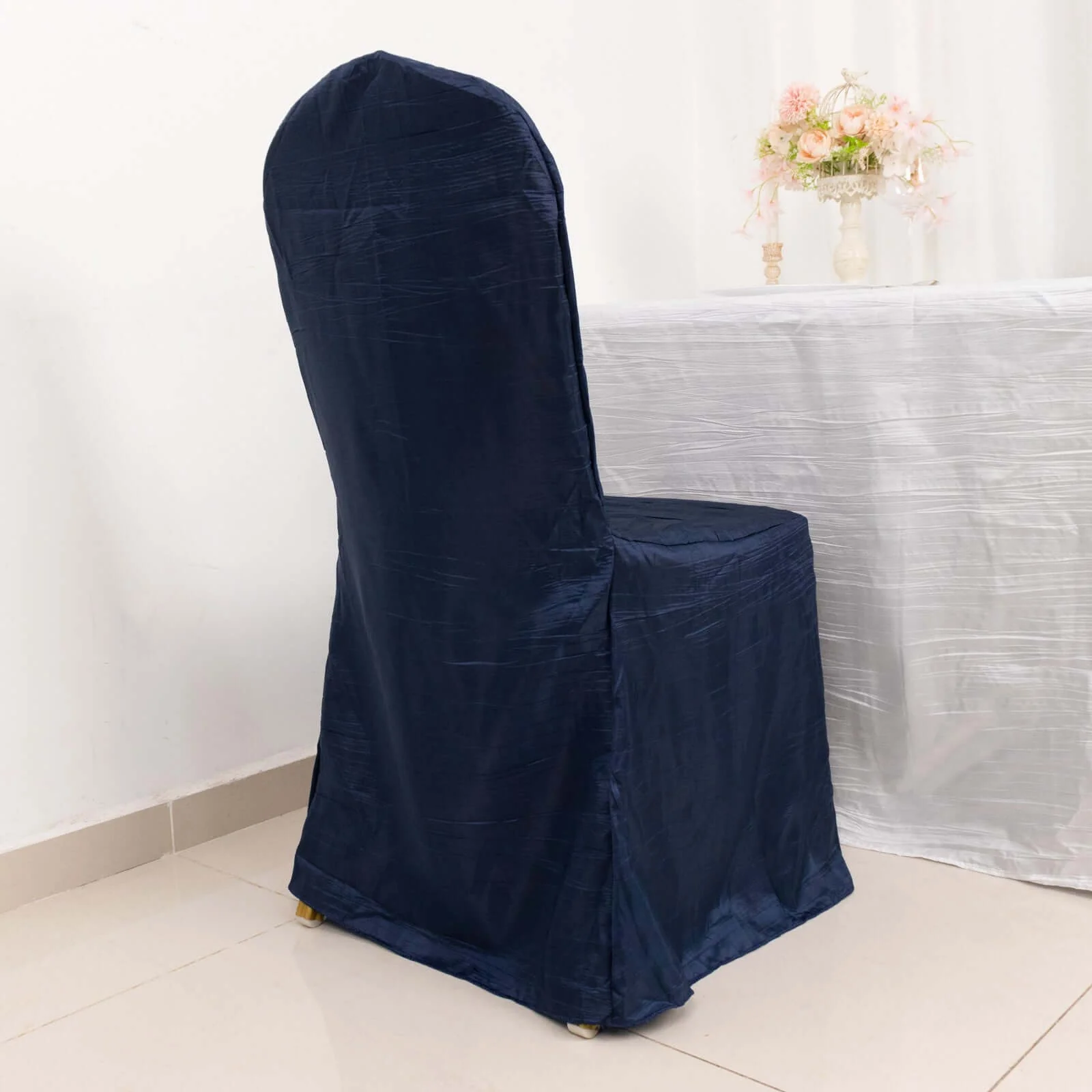 Crinkle Crushed Taffeta Banquet Chair Cover Navy Blue - Reusable Slipcover - Image 10