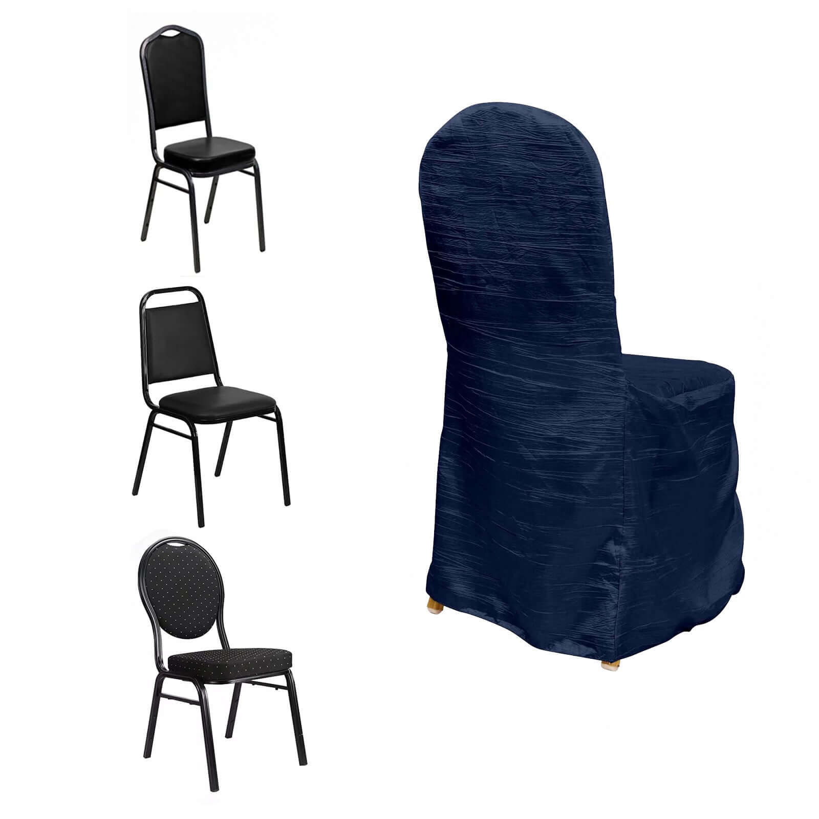 Crinkle Crushed Taffeta Banquet Chair Cover Navy Blue - Reusable Slipcover - Image 6