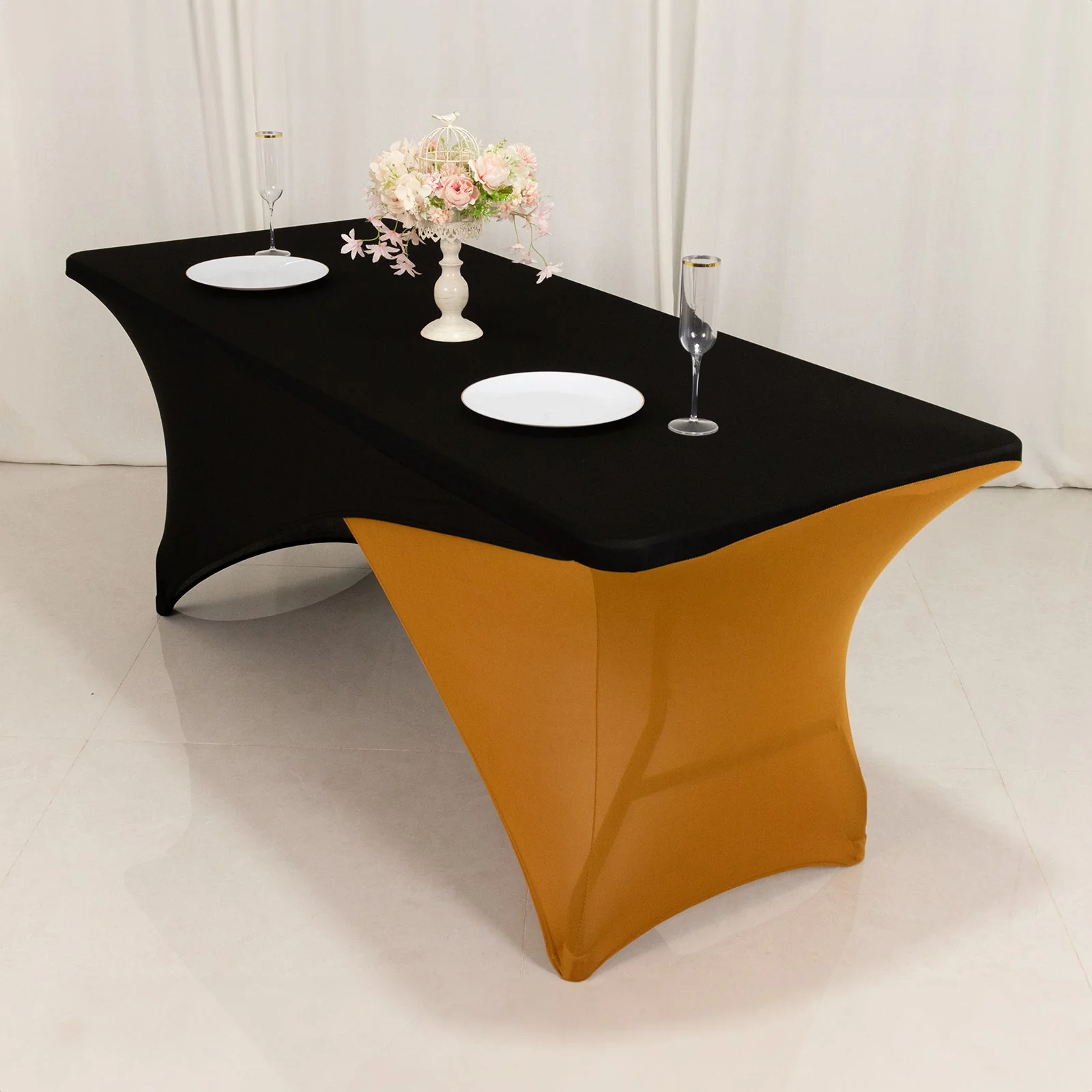 Stretch Spandex Rectangle Table Cover 72"x30" Black/Gold - Cross Over Two-Piece Fitted Tablecloth - Image 3