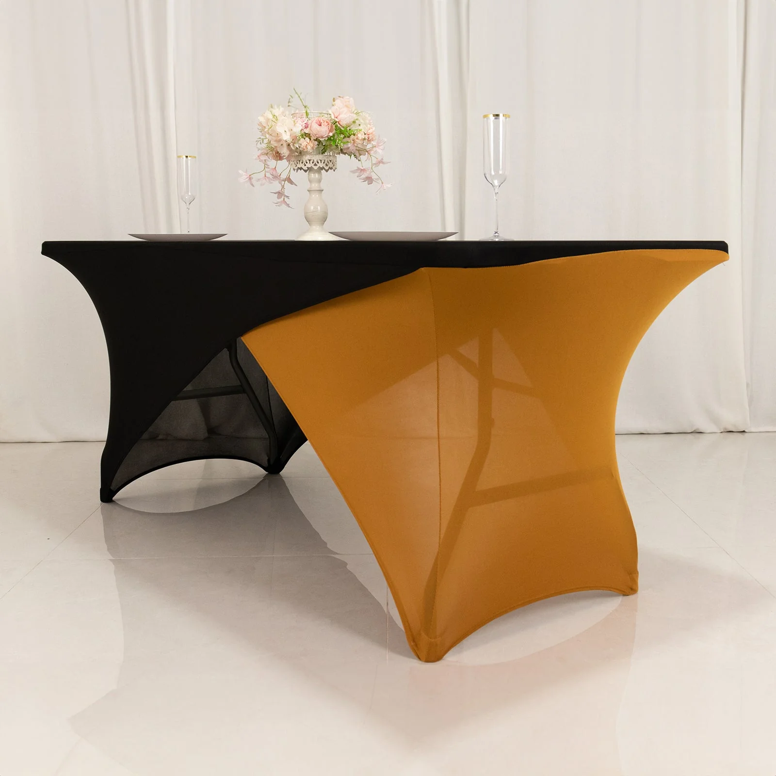 Stretch Spandex Rectangle Table Cover 72"x30" Black/Gold - Cross Over Two-Piece Fitted Tablecloth - Image 4
