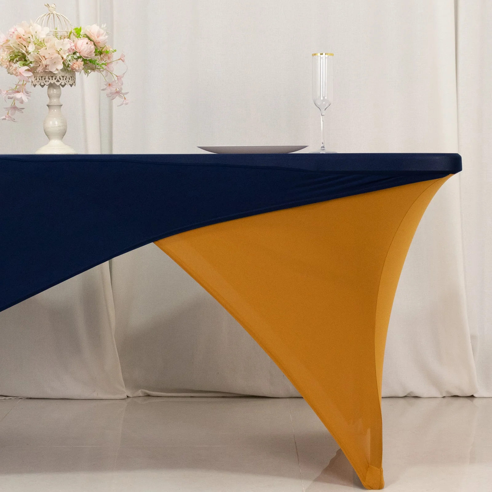 Stretch Spandex Rectangle Table Cover 72"x30" Navy Blue/Gold - Cross Over Two-Piece Fitted Tablecloth - Image 2