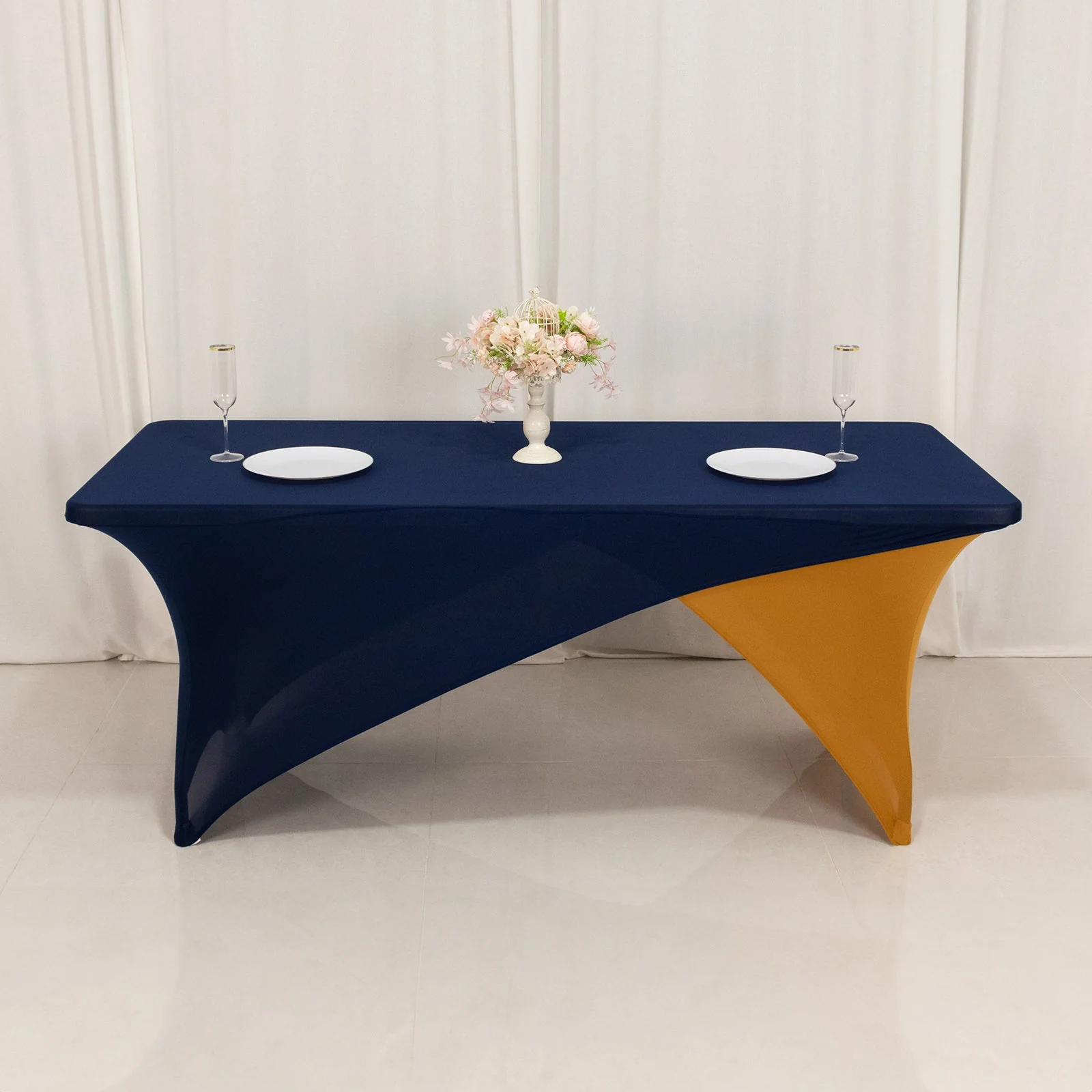 Stretch Spandex Rectangle Table Cover 72"x30" Navy Blue/Gold - Cross Over Two-Piece Fitted Tablecloth - Image 6