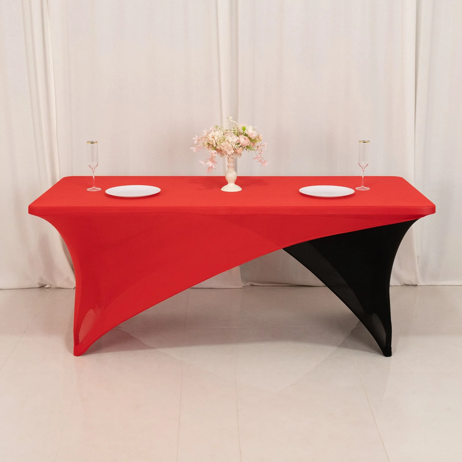 Stretch Spandex Rectangle Table Cover 72"x30" Red/Black - Cross Over Two-Piece Fitted Tablecloth - Image 6