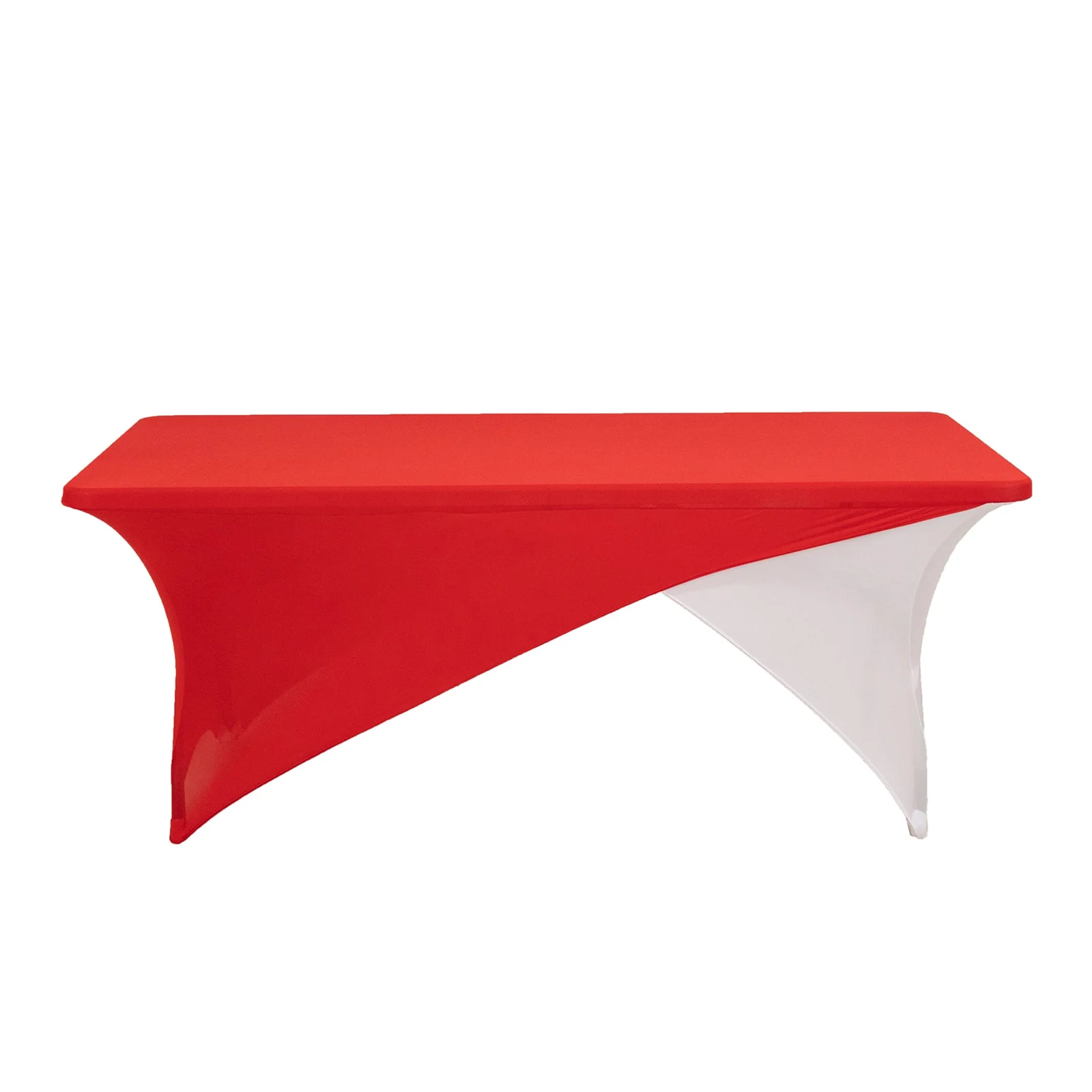 Stretch Spandex Rectangle Table Cover 72"x30" Red/White - Cross Over Two-Piece Fitted Tablecloth - Image 7