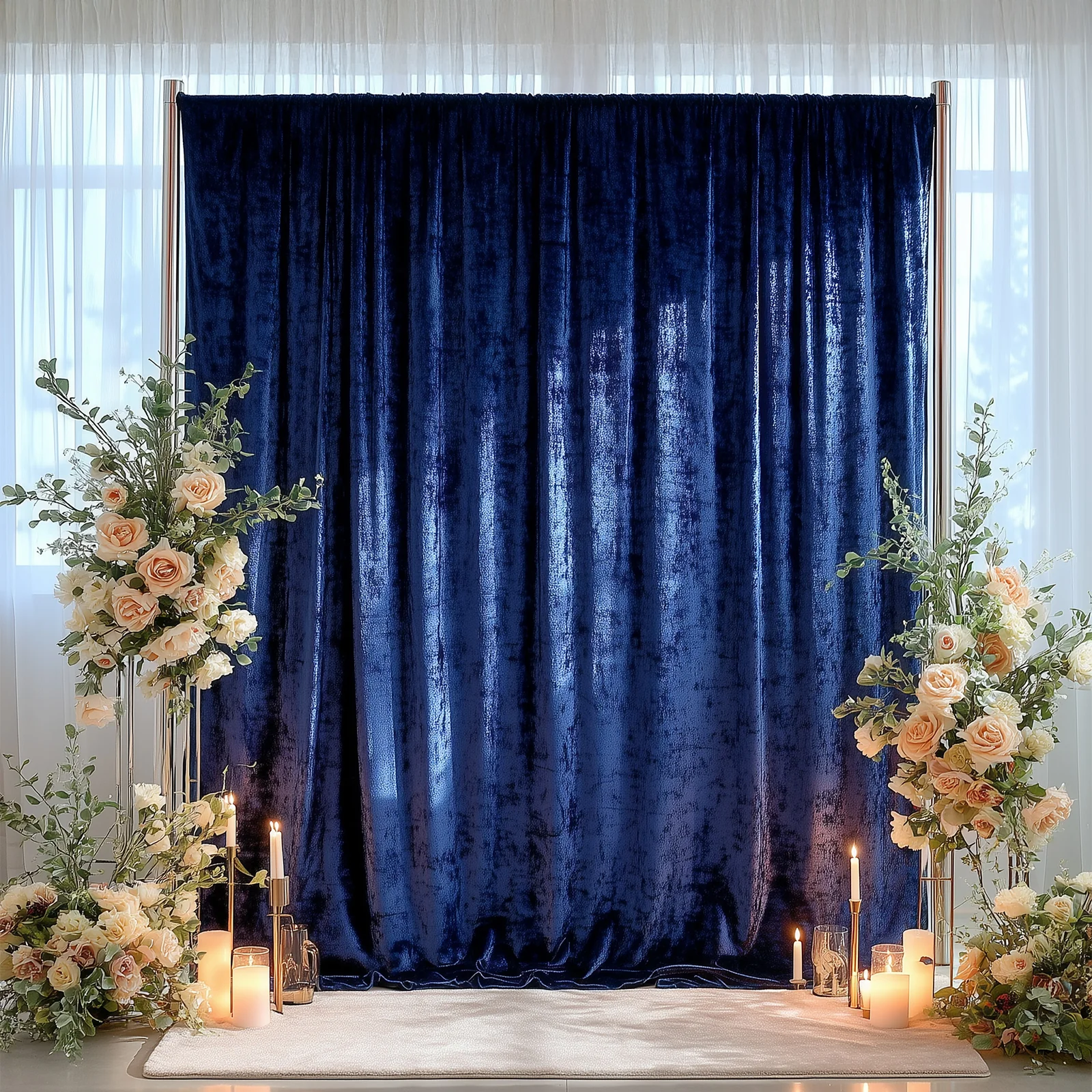 Crushed Velvet Backdrop Curtain – Navy Blue 5ft x 12ft Event Drape with Rod Pocket, Privacy Panel for Photo Booths & Events