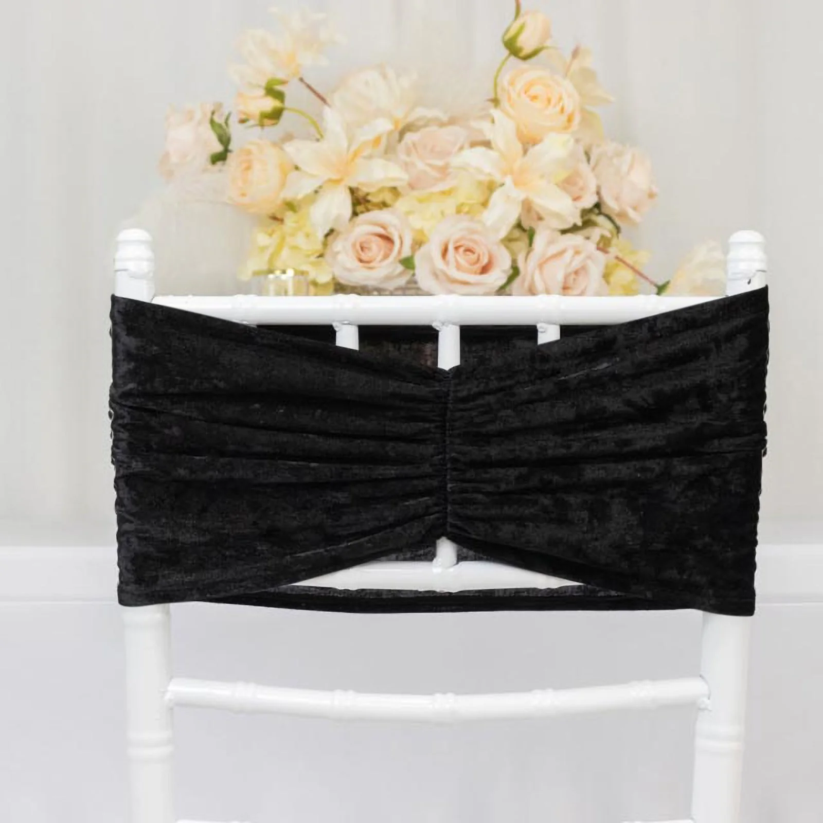 5 Pack Crushed Velvet Chair Sashes Black, Wide Ruffle Style Textured Decorative Chair Bands - 8"x15"