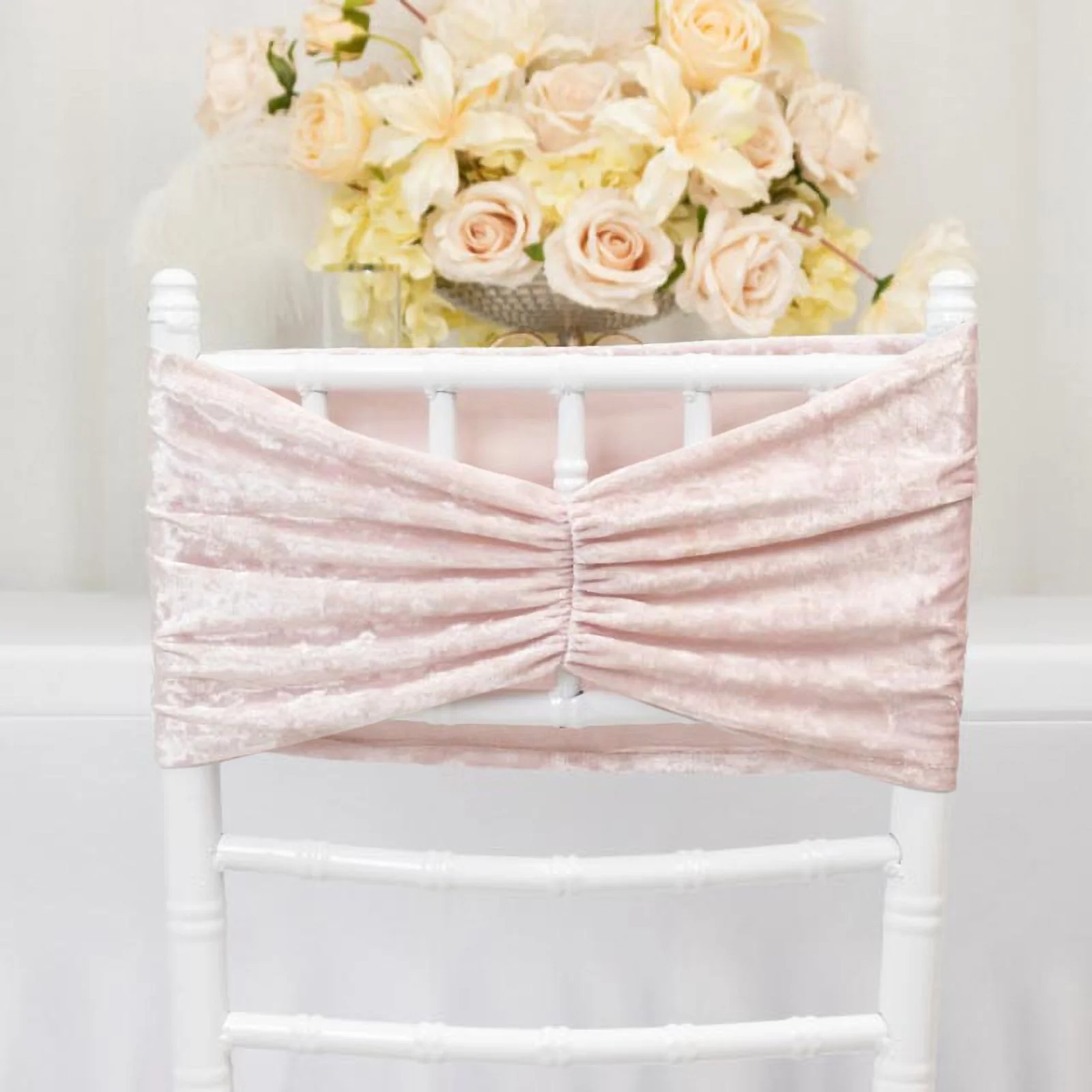 5 Pack Crushed Velvet Chair Sashes Blush, Wide Ruffle Style Textured Decorative Chair Bands - 8"x15"