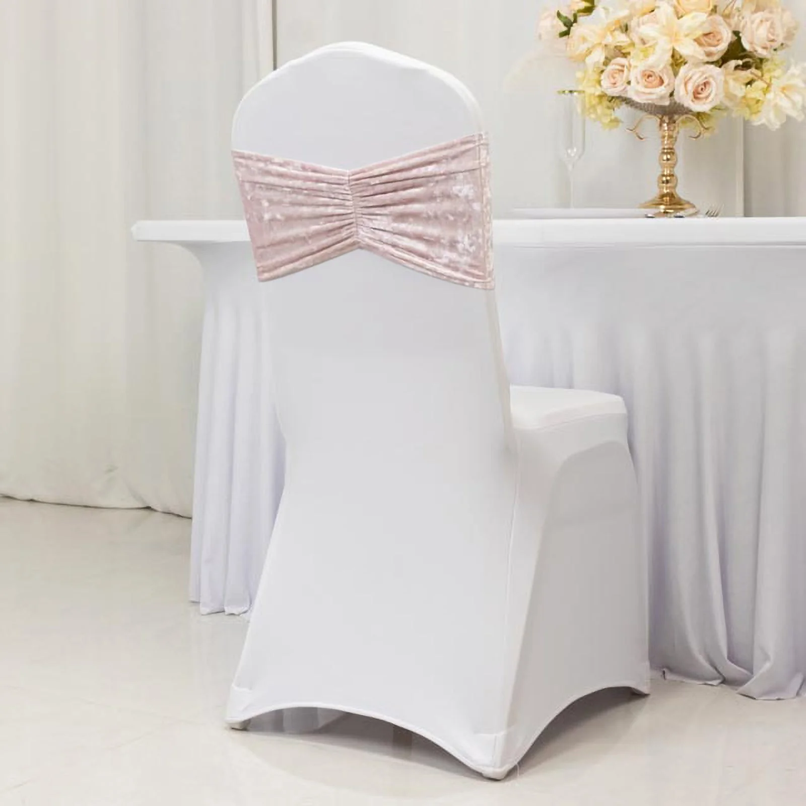 5 Pack Crushed Velvet Chair Sashes Blush, Wide Ruffle Style Textured Decorative Chair Bands - 8"x15" - Image 2
