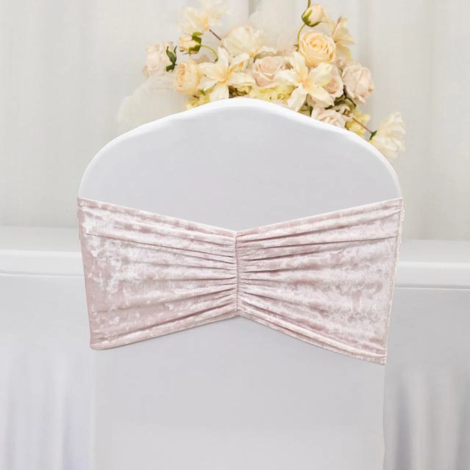 5 Pack Crushed Velvet Chair Sashes Blush, Wide Ruffle Style Textured Decorative Chair Bands - 8"x15" - Image 9