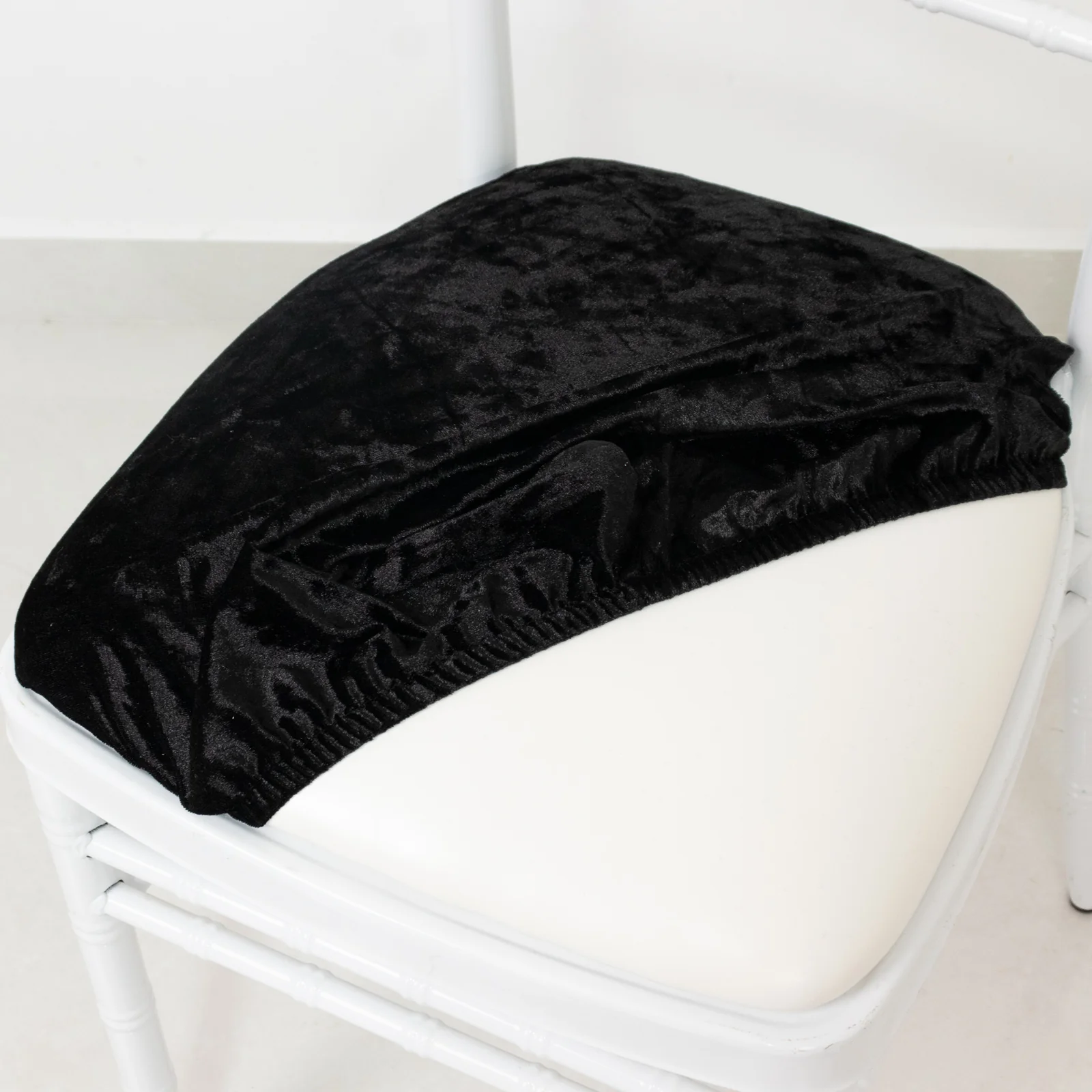 5 Pack Crushed Velvet Chiavari Chair Seat Pad Covers – Black Stretch Cushion Slipcovers for Dining Chairs, Washable & Reusable - Image 2