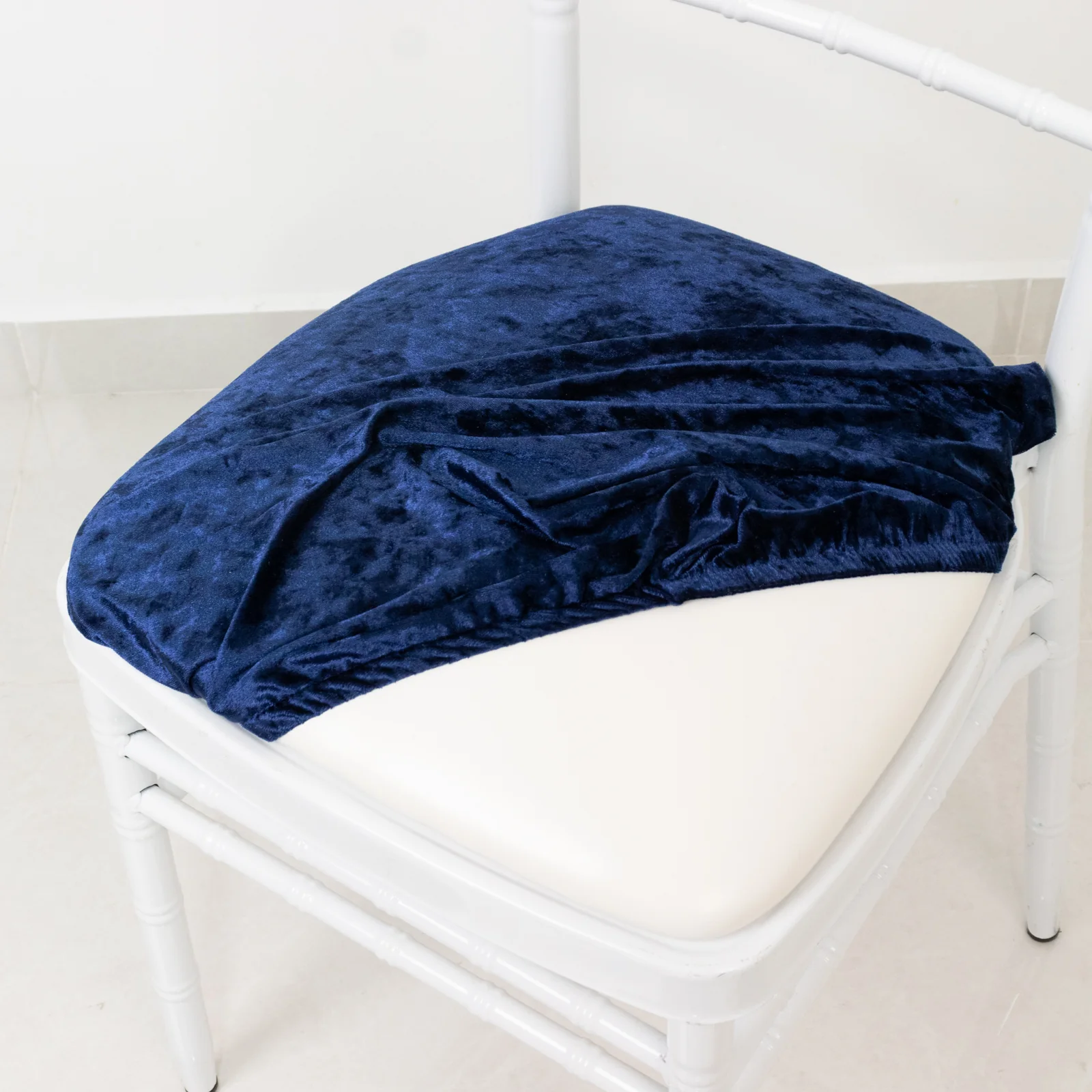 5 Pack Crushed Velvet Chiavari Chair Seat Pad Covers – Navy Blue Stretch Cushion Slipcovers for Dining Chairs, Washable & Reusable - Image 2