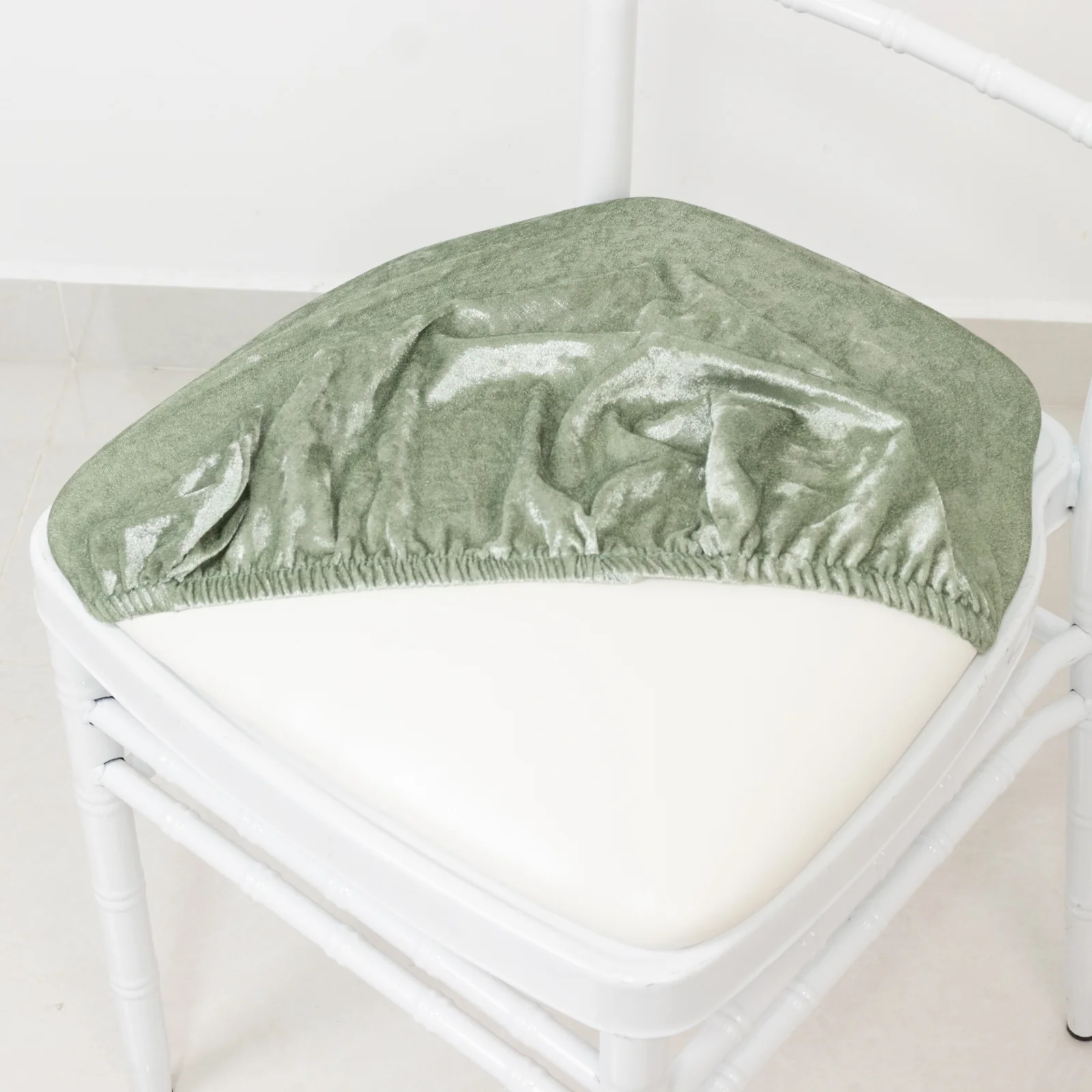 5 Pack Crushed Velvet Chiavari Chair Seat Pad Covers – Sage Green Stretch Cushion Slipcovers for Dining Chairs, Washable & Reusable - Image 2