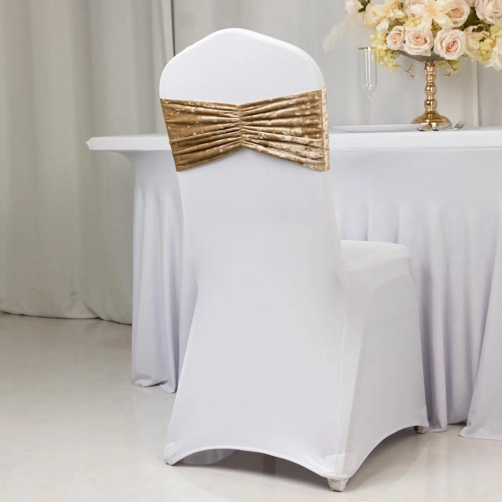 5 Pack Crushed Velvet Chair Sashes Champagne, Wide Ruffle Style Textured Decorative Chair Bands - 8"x15" - Image 2