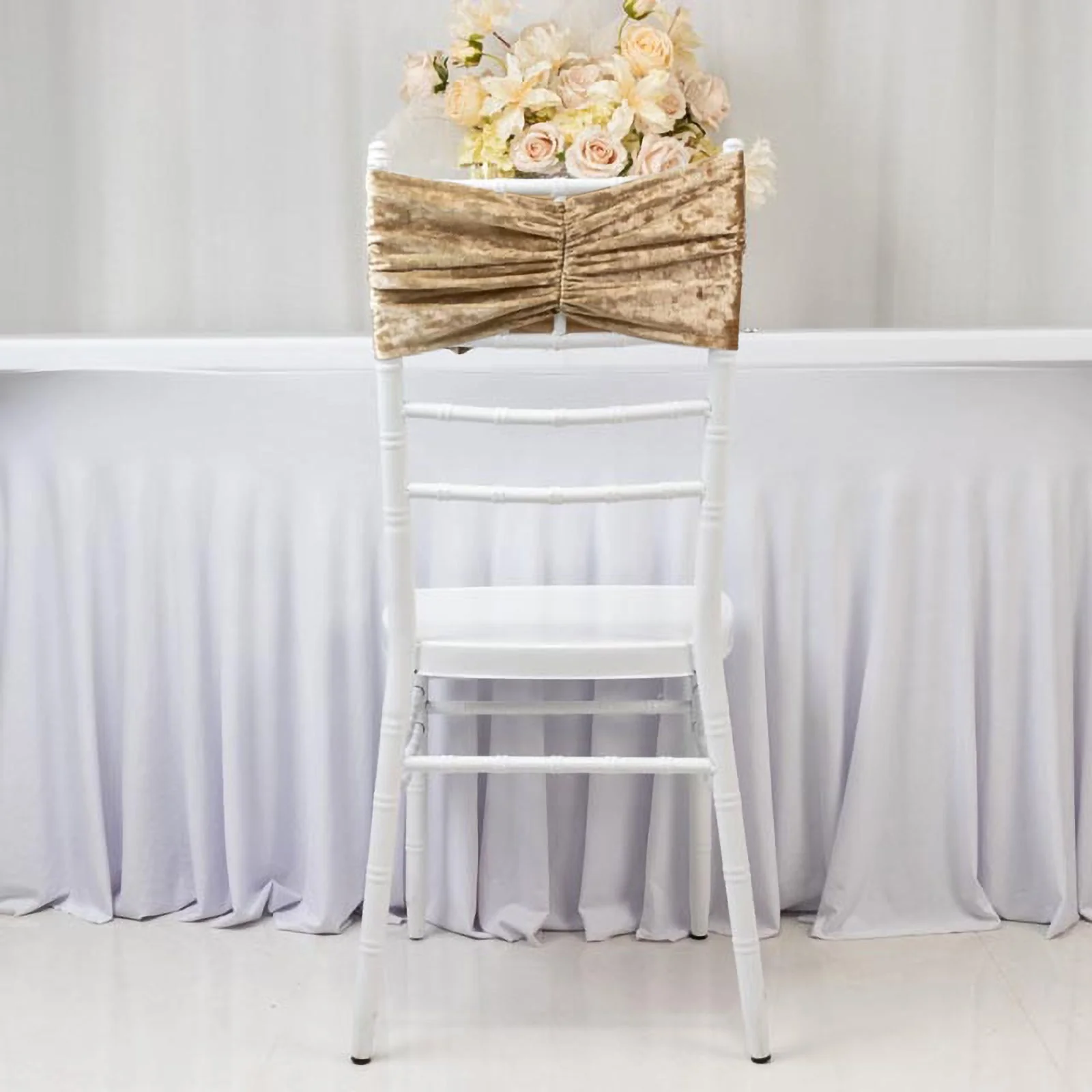 5 Pack Crushed Velvet Chair Sashes Champagne, Wide Ruffle Style Textured Decorative Chair Bands - 8"x15" - Image 6