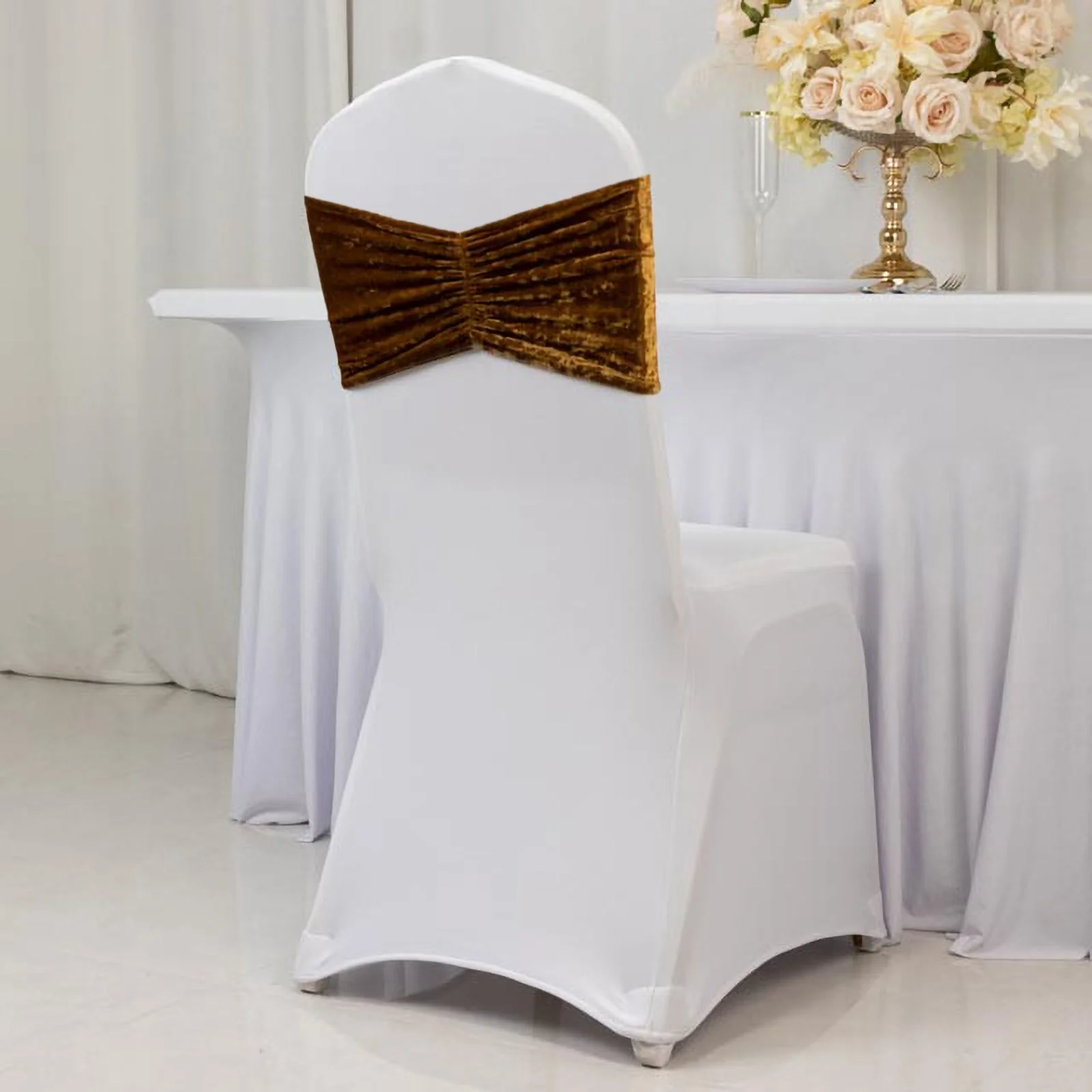 5 Pack Crushed Velvet Chair Sashes Gold, Wide Ruffle Style Textured Decorative Chair Bands - 8"x15" - Image 2