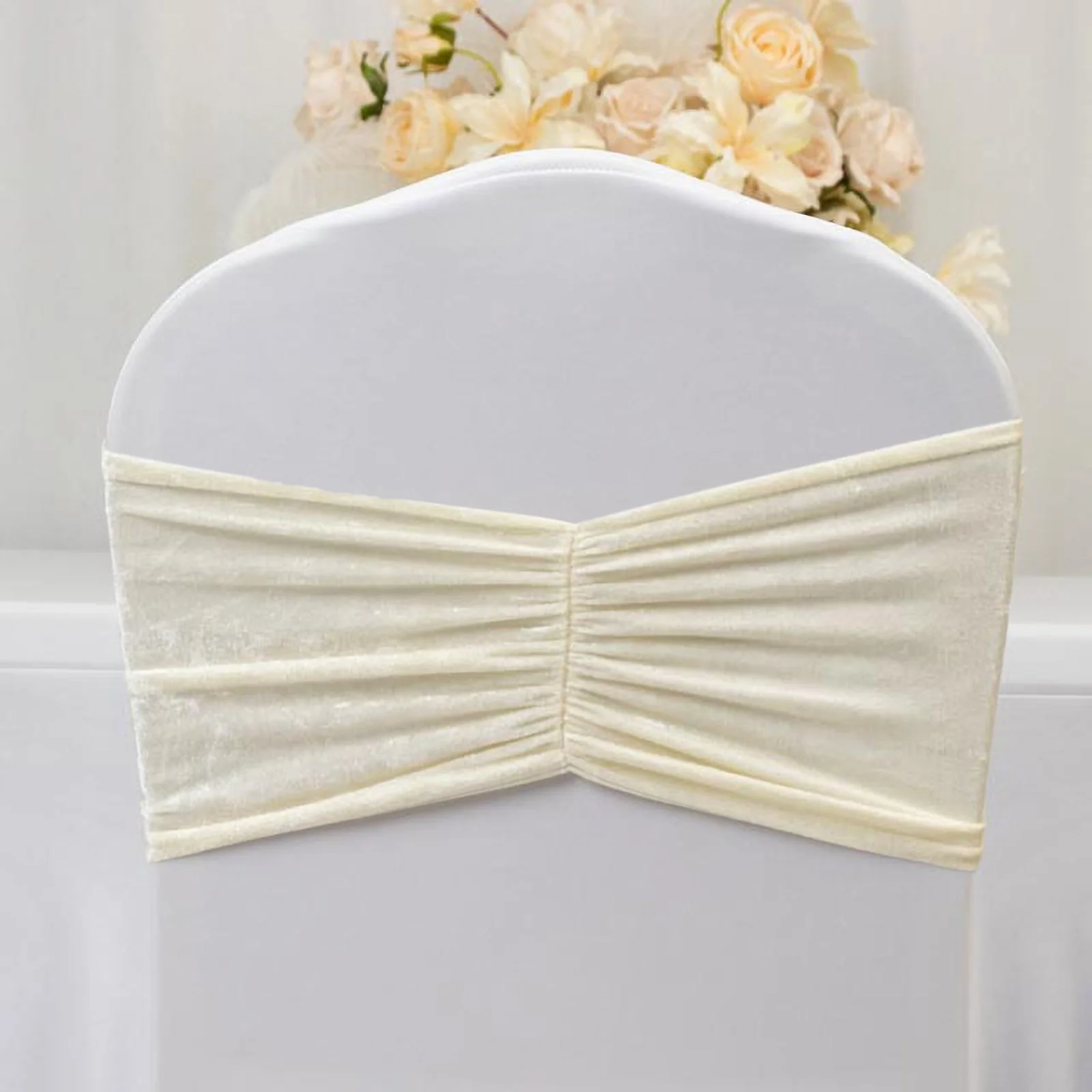 5 Pack Crushed Velvet Chair Sashes Ivory, Wide Ruffle Style Textured Decorative Chair Bands - 8"x15" - Image 9