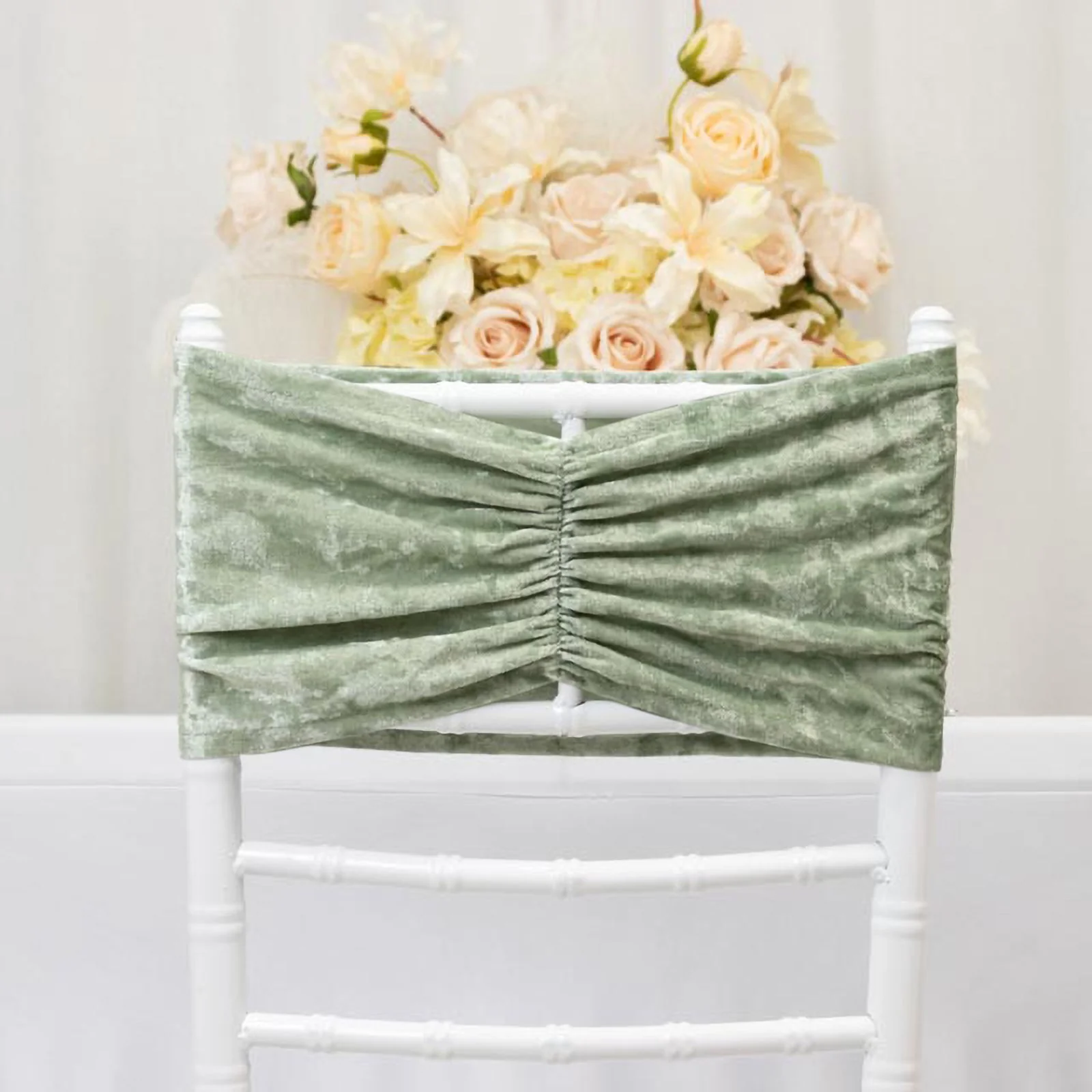 5 Pack Crushed Velvet Chair Sashes Sage Green, Wide Ruffle Style Textured Decorative Chair Bands - 8"x15"