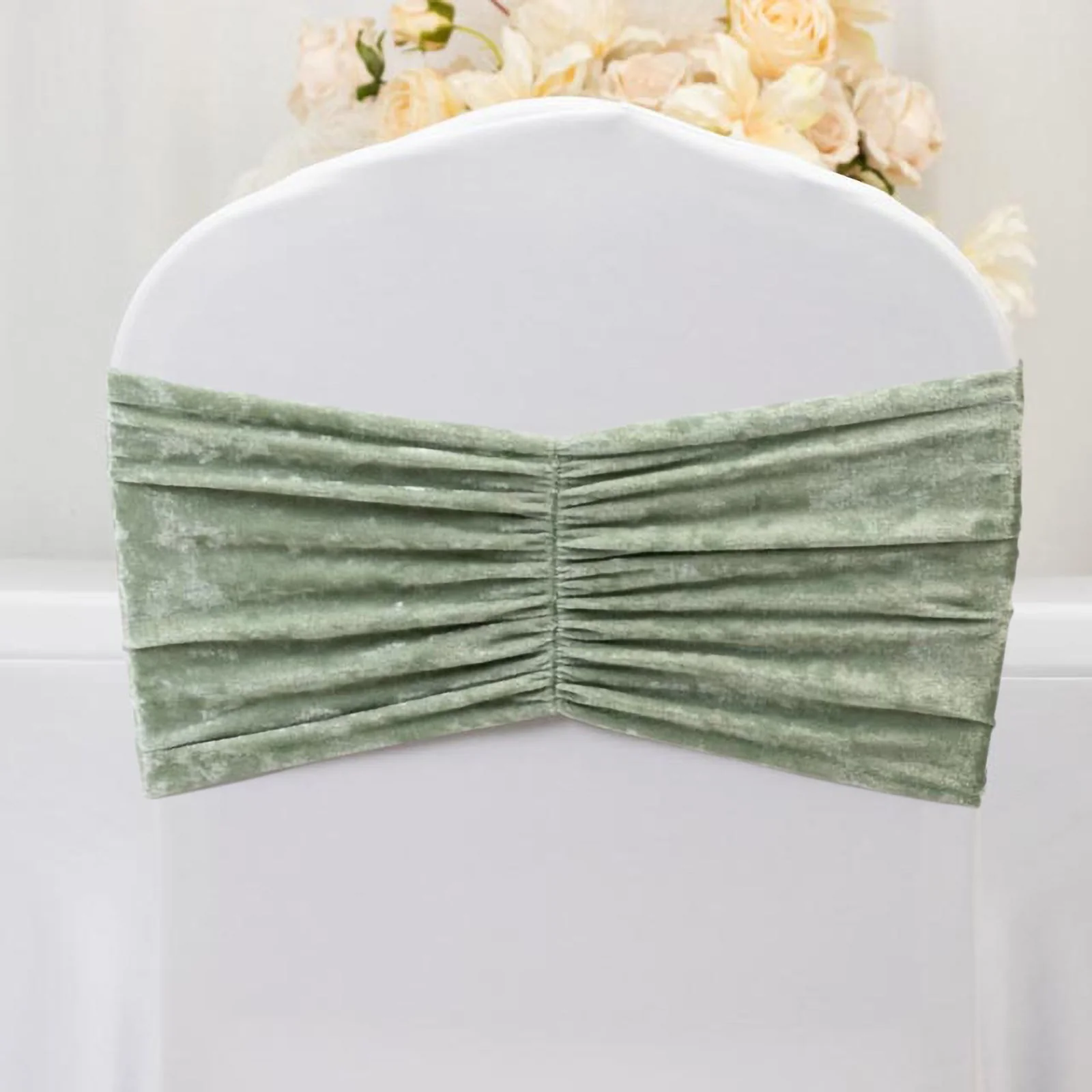5 Pack Crushed Velvet Chair Sashes Sage Green, Wide Ruffle Style Textured Decorative Chair Bands - 8"x15" - Image 9