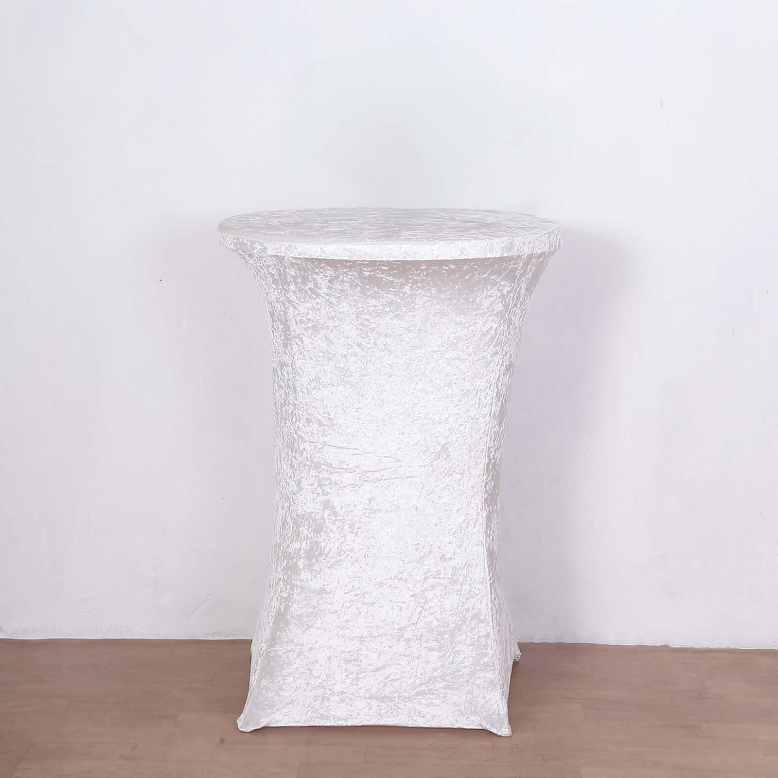 Crushed Velvet Spandex Round Cocktail Table Cover 30" White - Smooth Fitted Highboy Tablecloth for Receptions & Functions