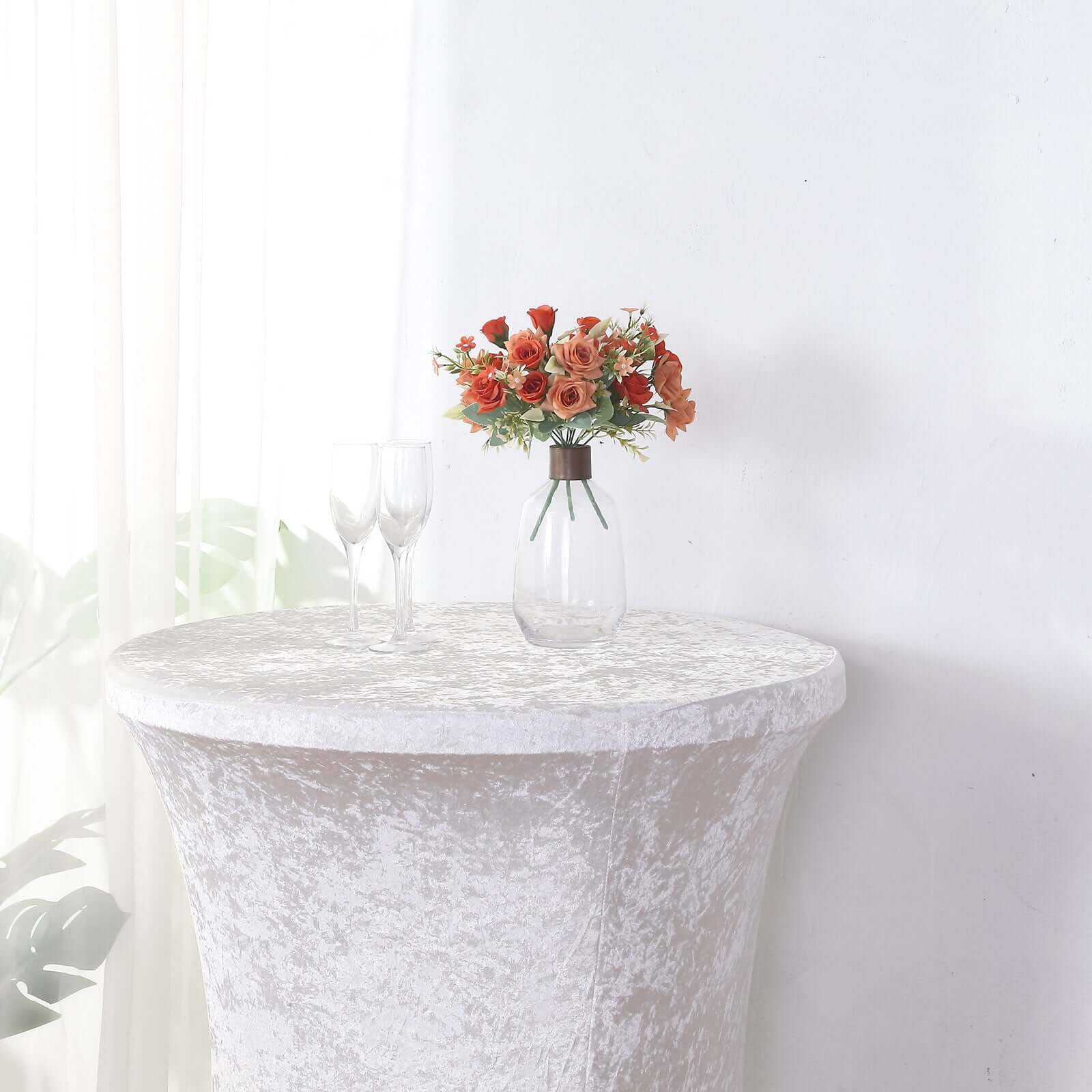 Crushed Velvet Spandex Round Cocktail Table Cover 30" White - Smooth Fitted Highboy Tablecloth for Receptions & Functions - Image 6