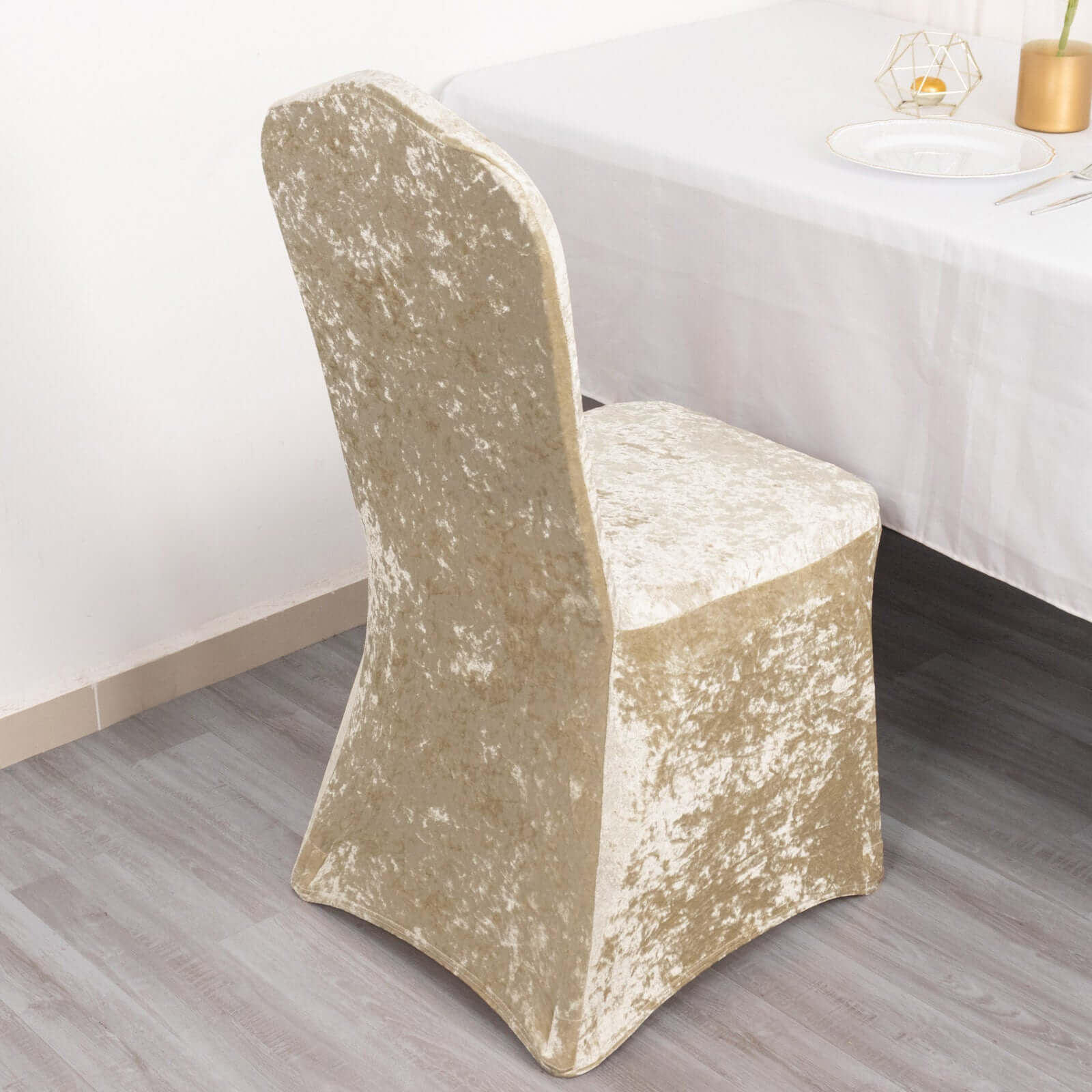 Crushed Velvet Spandex Stretch Banquet Chair Cover 190GSM Beige - Fitted with Foot Pockets - Image 5
