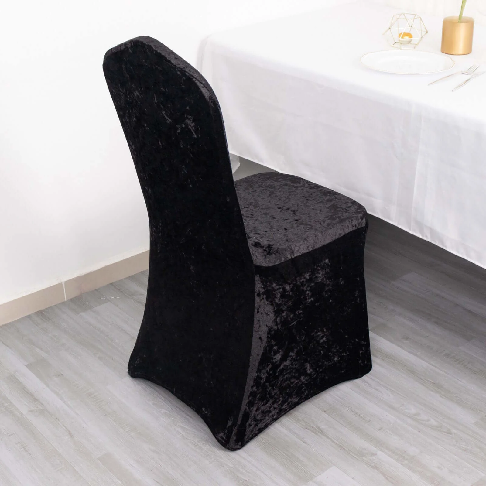 Crushed Velvet Spandex Stretch Banquet Chair Cover 190GSM Black - Fitted with Foot Pockets - Image 2