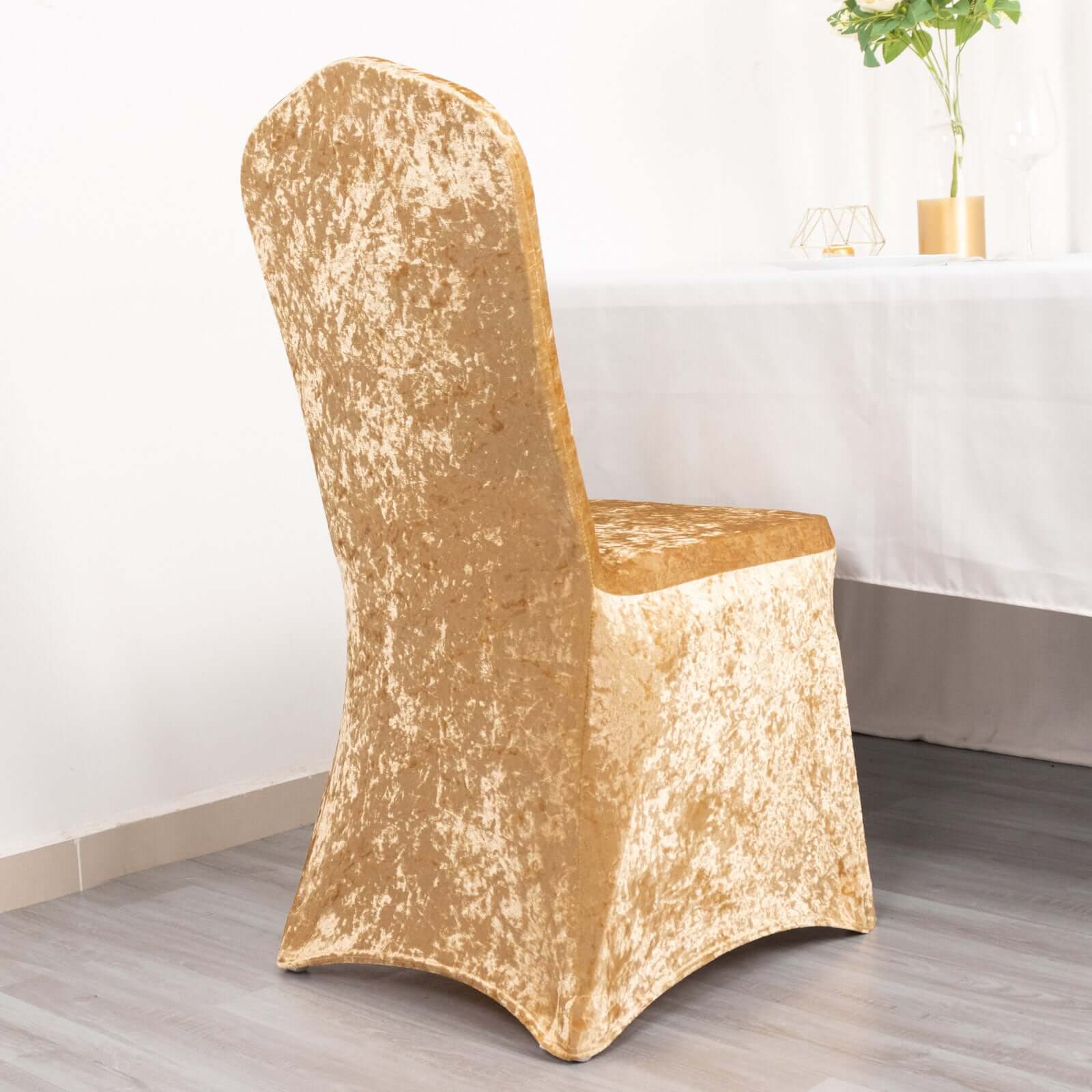 Crushed Velvet Spandex Stretch Banquet Chair Cover 190GSM Champagne - Fitted with Foot Pockets - Image 2