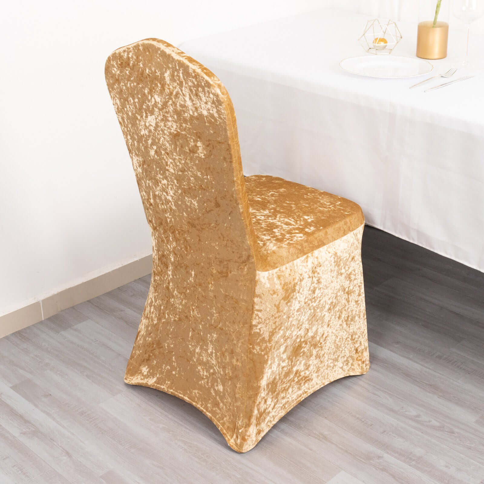 Crushed Velvet Spandex Stretch Banquet Chair Cover 190GSM Champagne - Fitted with Foot Pockets - Image 7
