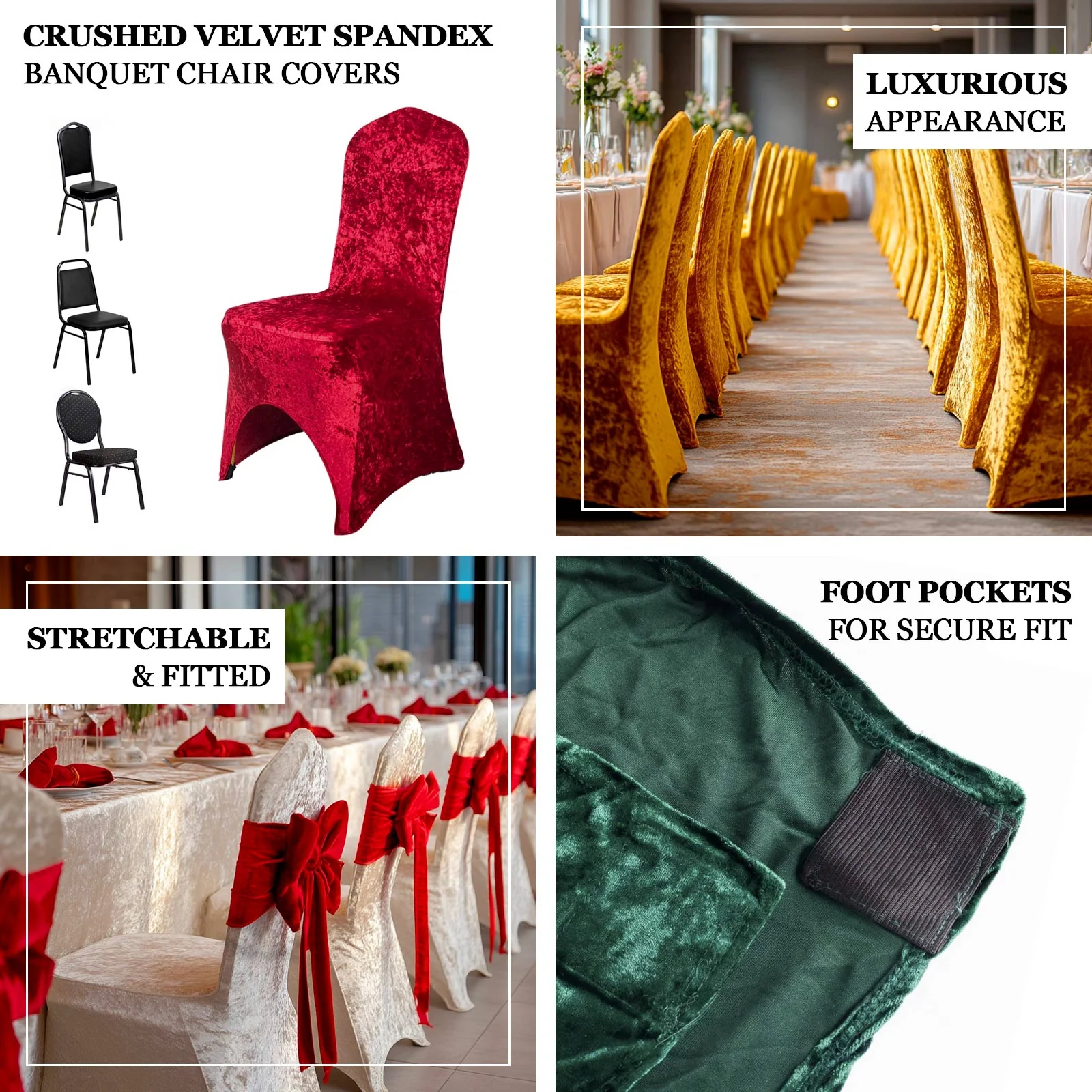 Crushed Velvet Spandex Stretch Banquet Chair Cover 190GSM Gold - Fitted with Foot Pockets - Image 4