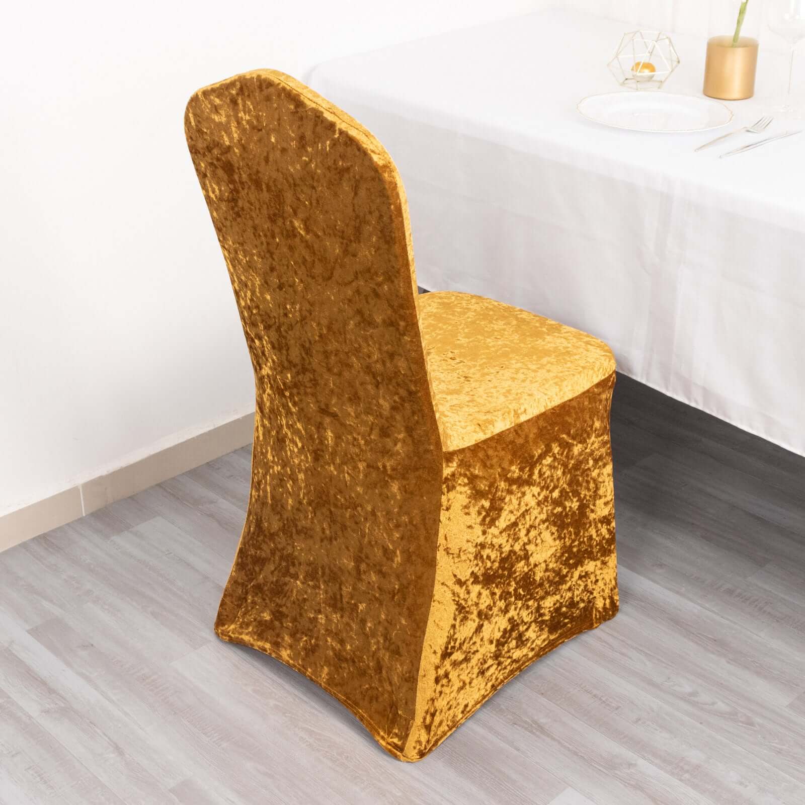Crushed Velvet Spandex Stretch Banquet Chair Cover 190GSM Gold - Fitted with Foot Pockets - Image 6