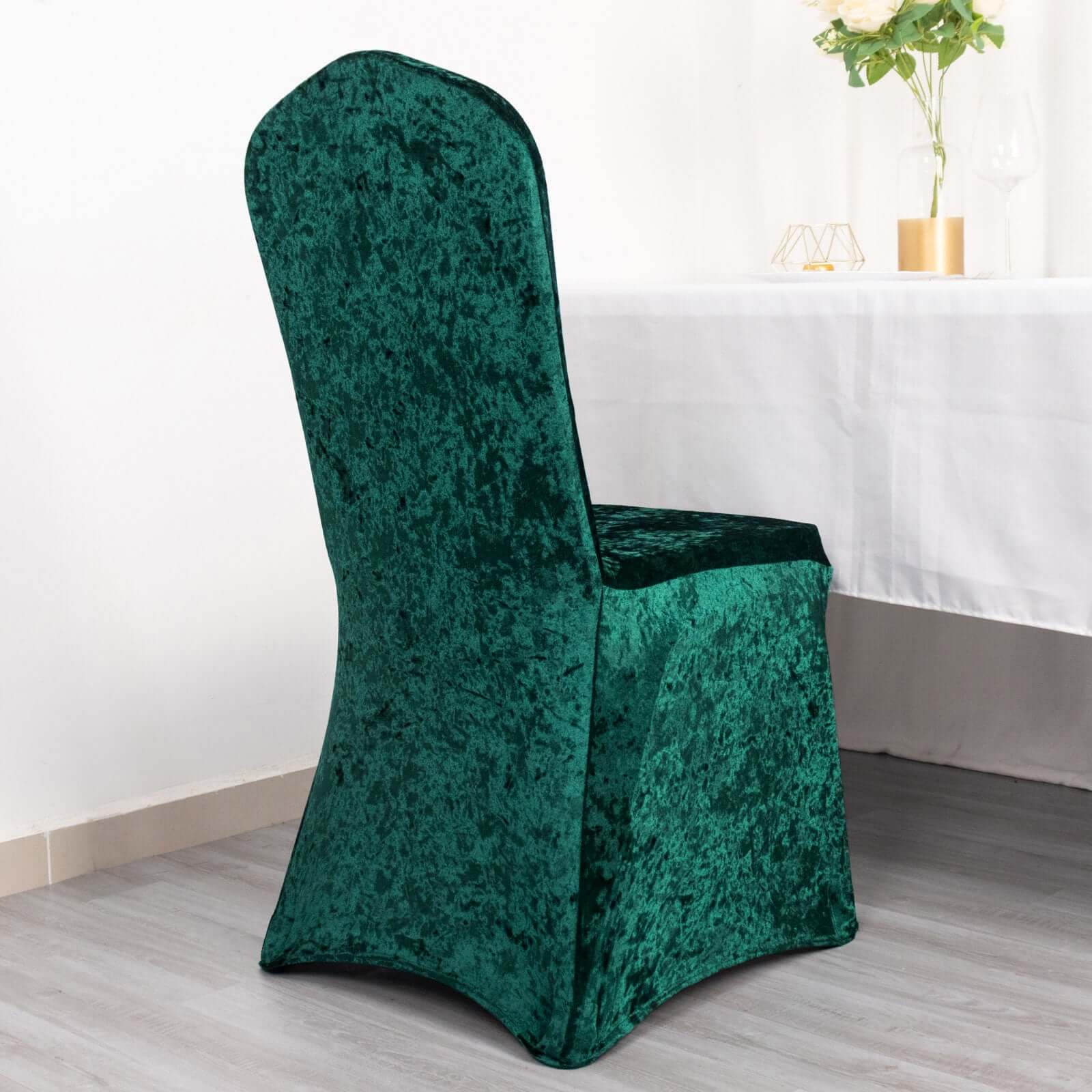 Crushed Velvet Spandex Stretch Banquet Chair Cover 190GSM Hunter Emerald Green - Fitted with Foot Pockets - Image 2
