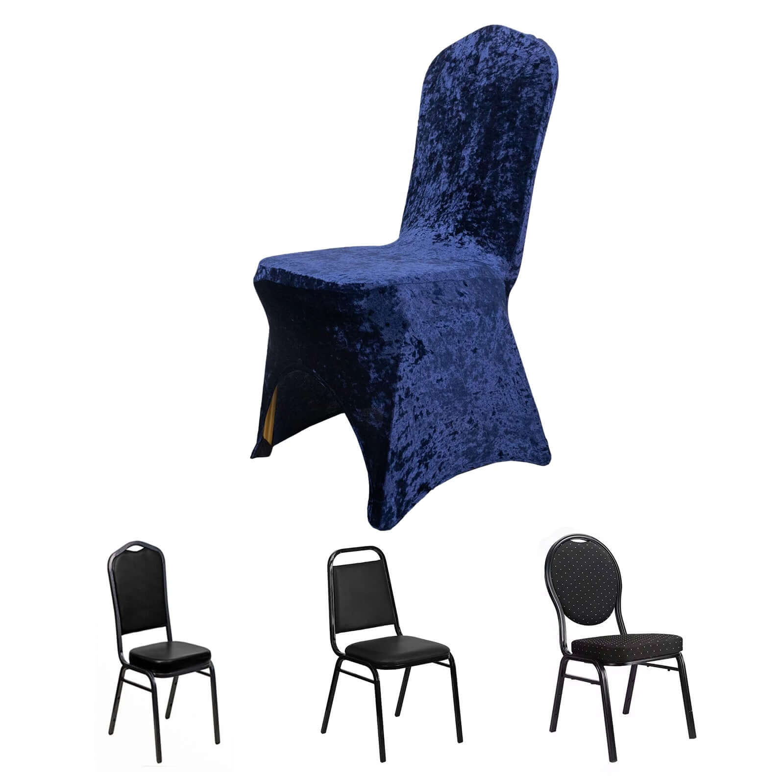 Crushed Velvet Spandex Stretch Banquet Chair Cover 190GSM Navy Blue - Fitted with Foot Pockets