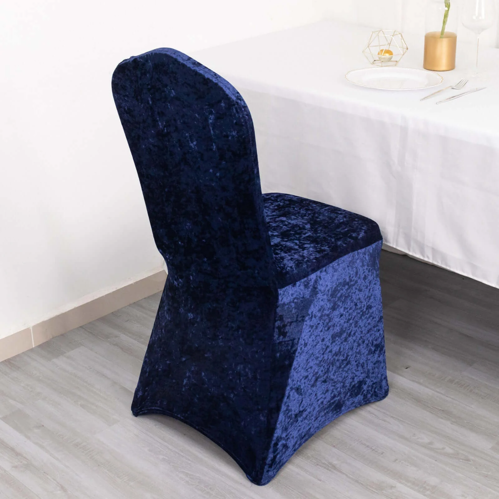 Crushed Velvet Spandex Stretch Banquet Chair Cover 190GSM Navy Blue - Fitted with Foot Pockets - Image 6