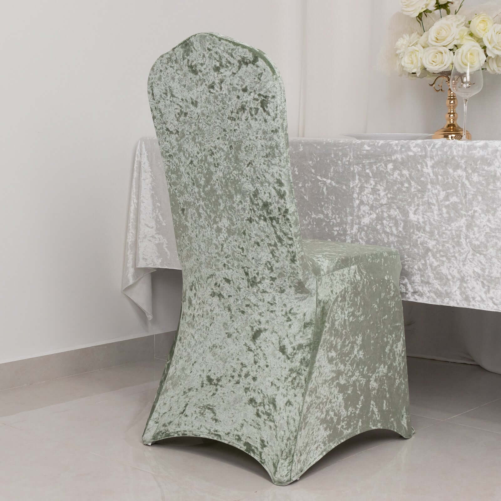 Crushed Velvet Spandex Stretch Banquet Chair Cover 190GSM Sage Green - Fitted with Foot Pockets - Image 3