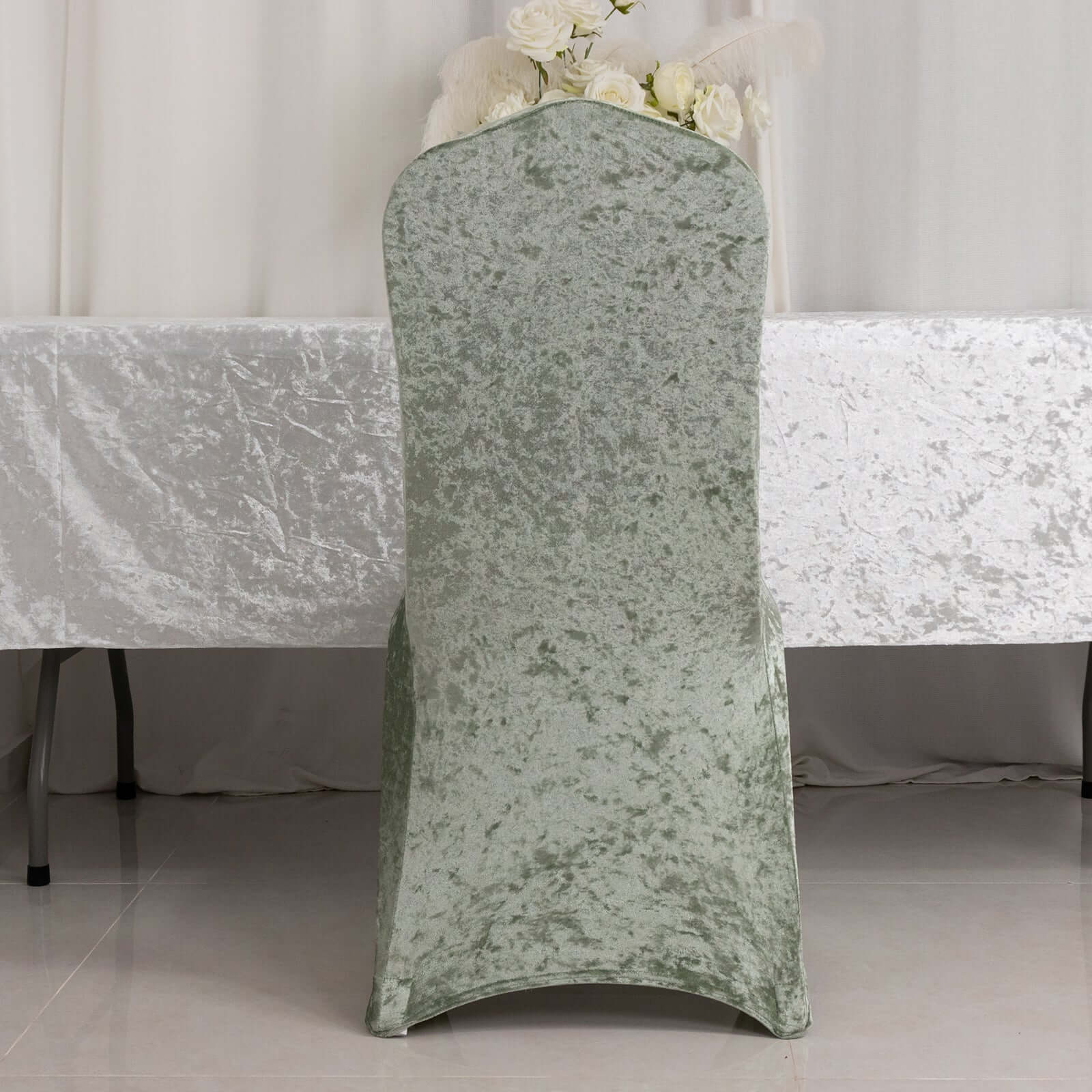 Crushed Velvet Spandex Stretch Banquet Chair Cover 190GSM Sage Green - Fitted with Foot Pockets - Image 7